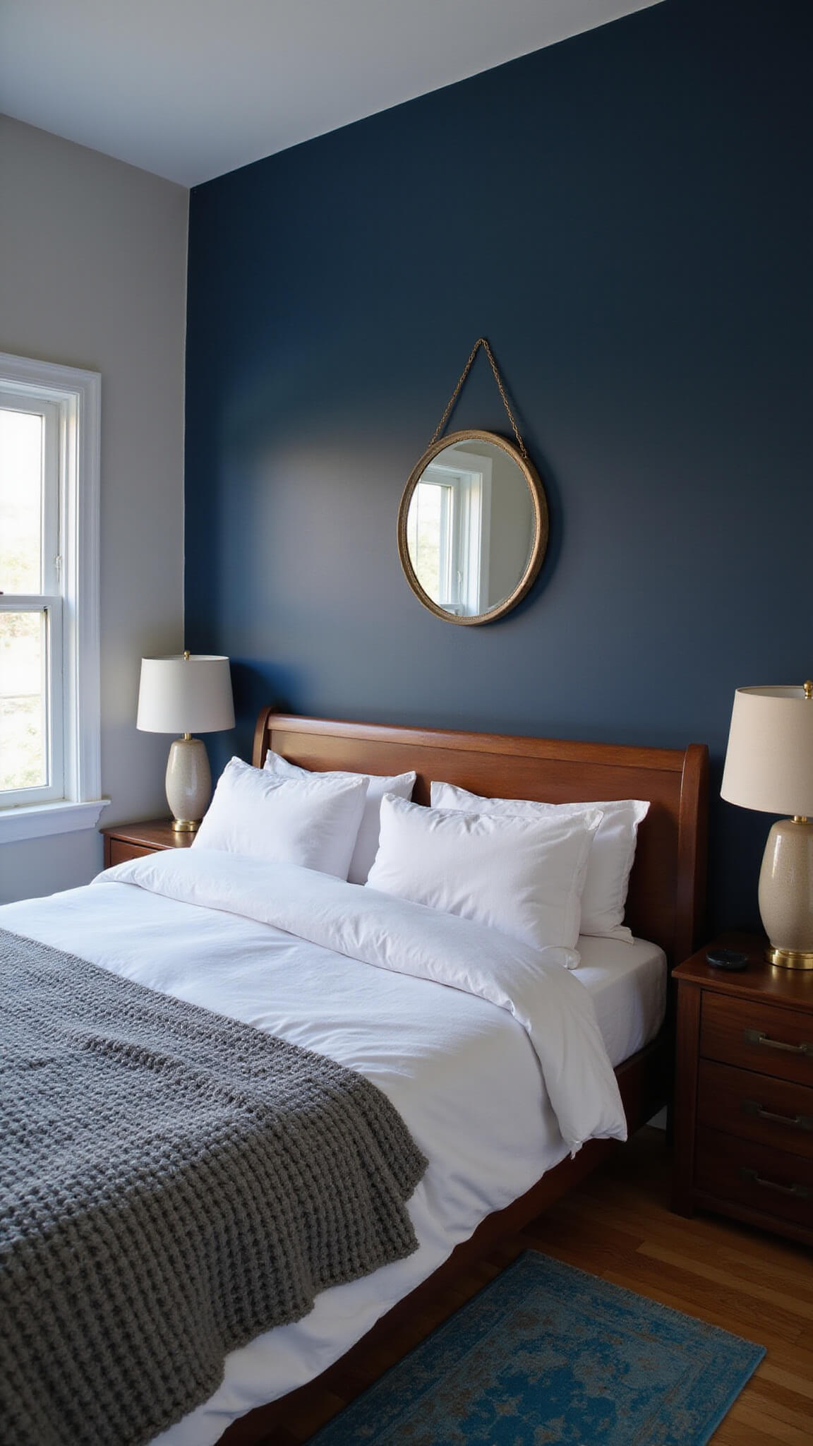 Cozy blue bedroom at dusk with navy accent wall, floating wooden headboard, white bedding, grey knit throw, ceramic lamps, brass-framed mirror, and vintage blue rug.