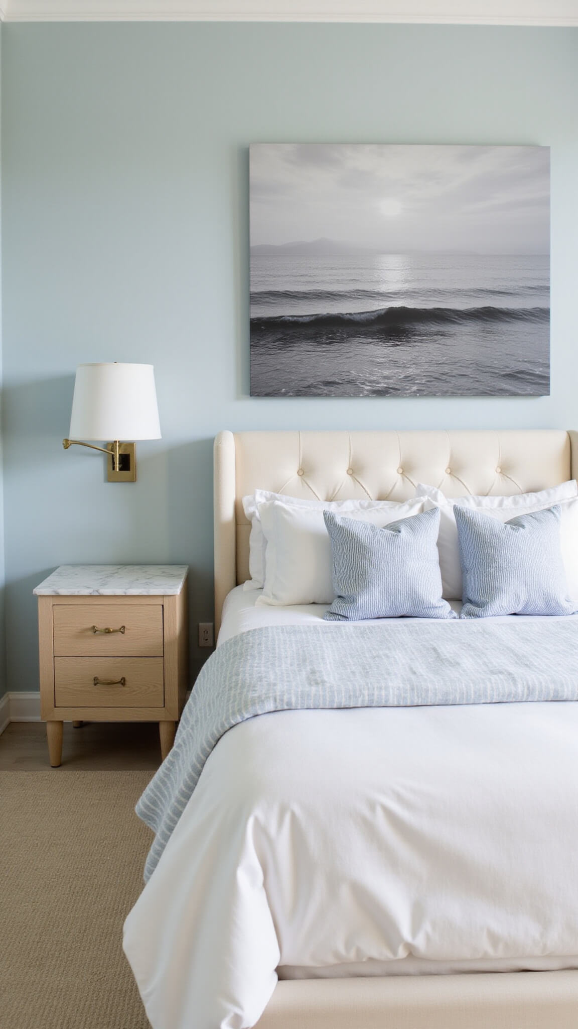 Airy 14x16ft primary bedroom with pale blue-grey walls, cream linen California king bed, layered white and blue bedding, bleached oak nightstands, and large black-and-white ocean photo.