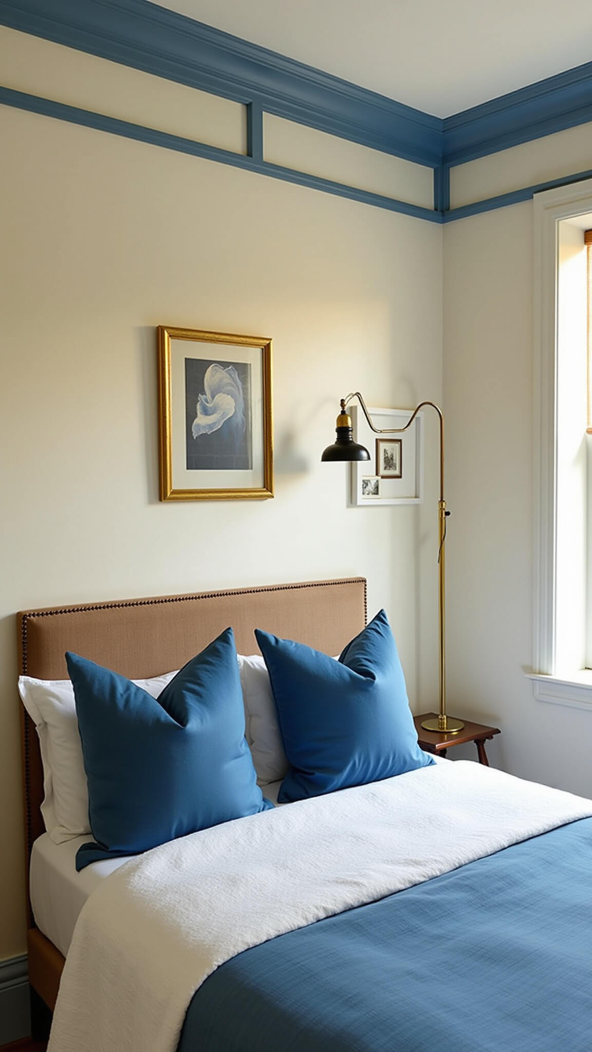 Cozy 12x12ft bedroom with light blue crown molding, warm white walls, textured queen bed with velvet, linen, and silk in blue tones, vintage brass floor lamp, and blue-themed gallery wall lit by golden hour light.