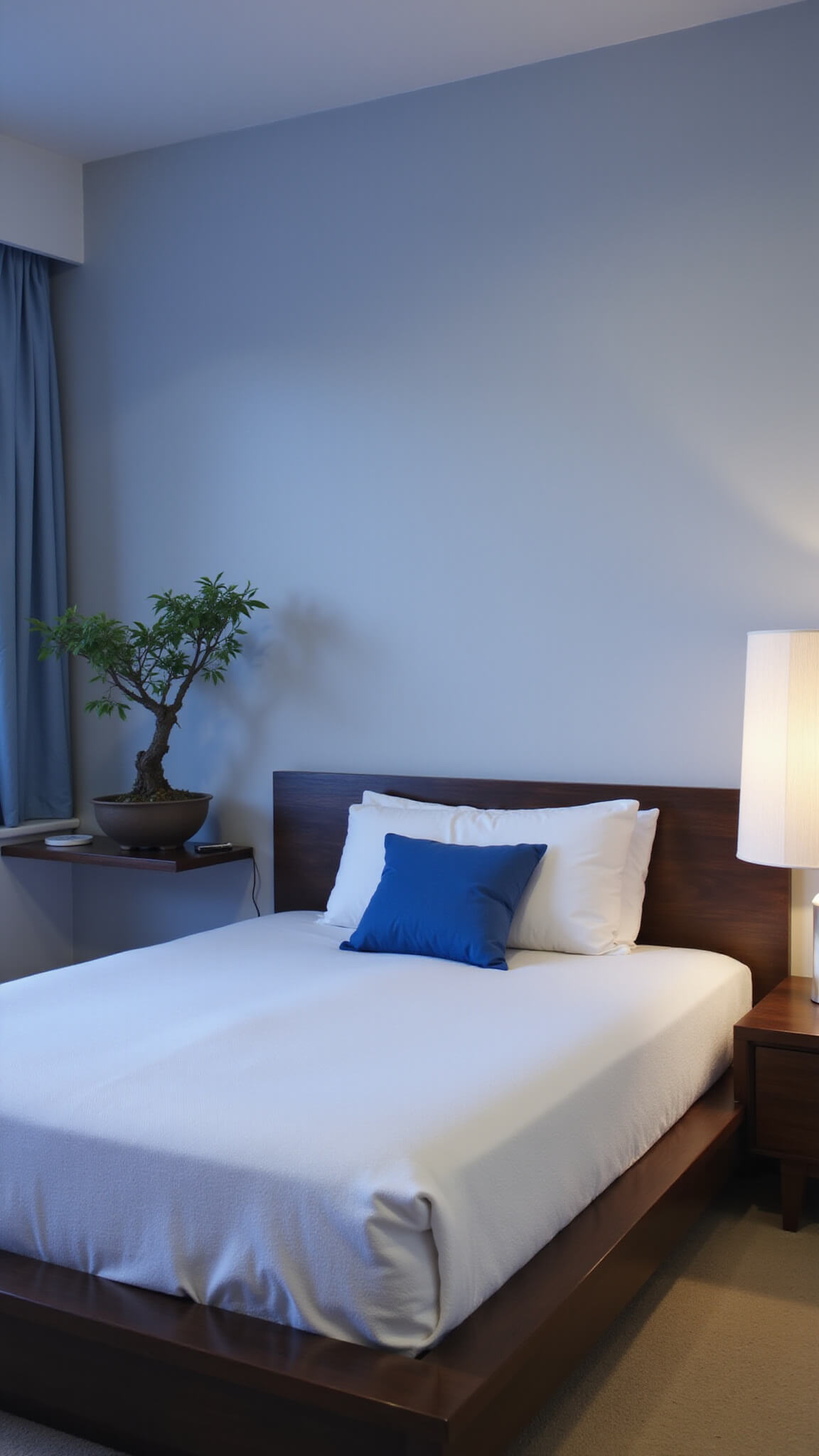 Modern minimalist 13x15ft bedroom with low dark wood platform bed, white bedding, blue accent pillow, bonsai on floating shelf, and rice paper lamp in soft blue morning light.