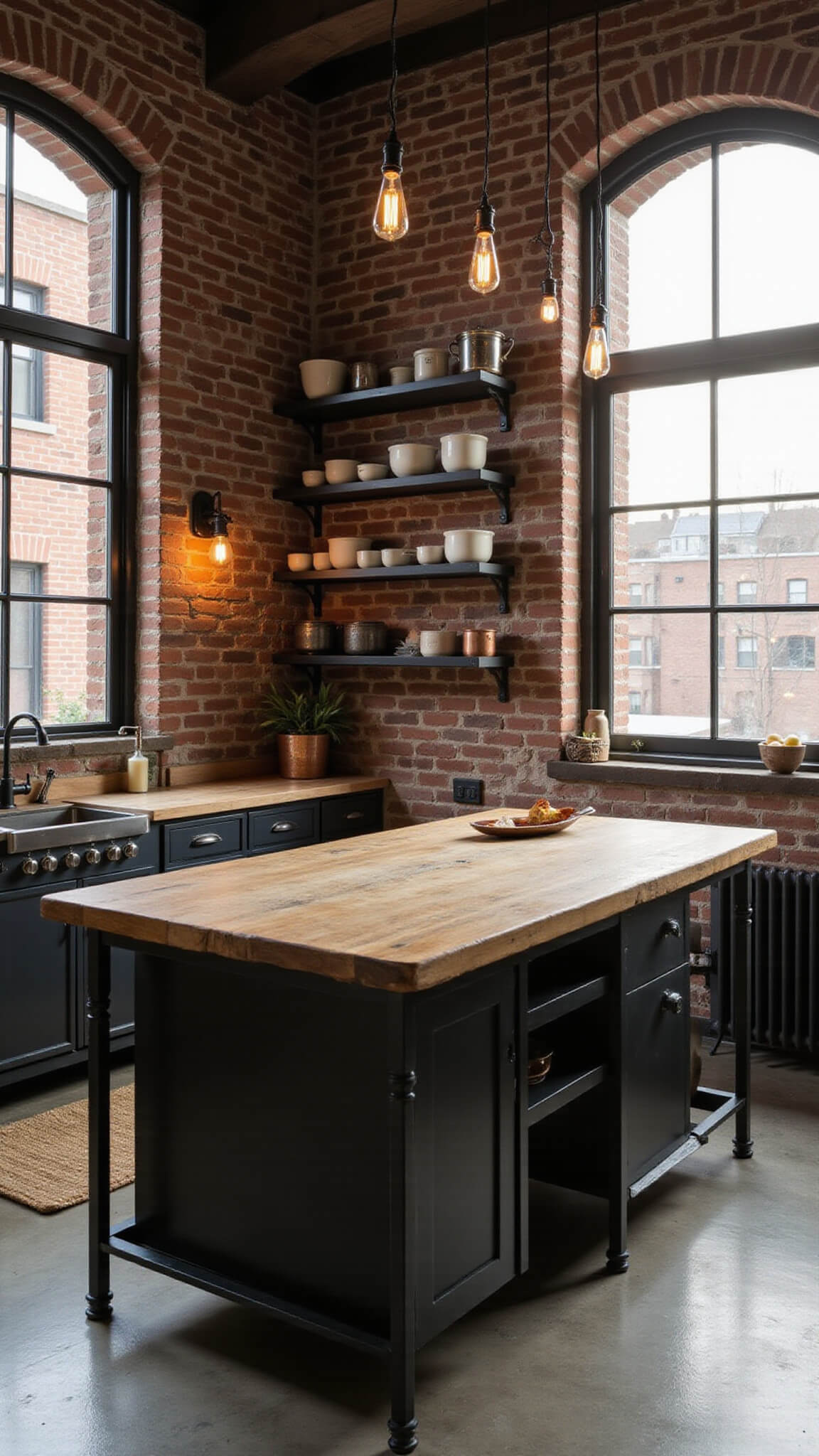 Cozy industrial loft kitchen with sunlit brick walls, reclaimed wood island, Edison bulb pendant lights, and open shelving displaying neutral pottery and vintage copper accents.