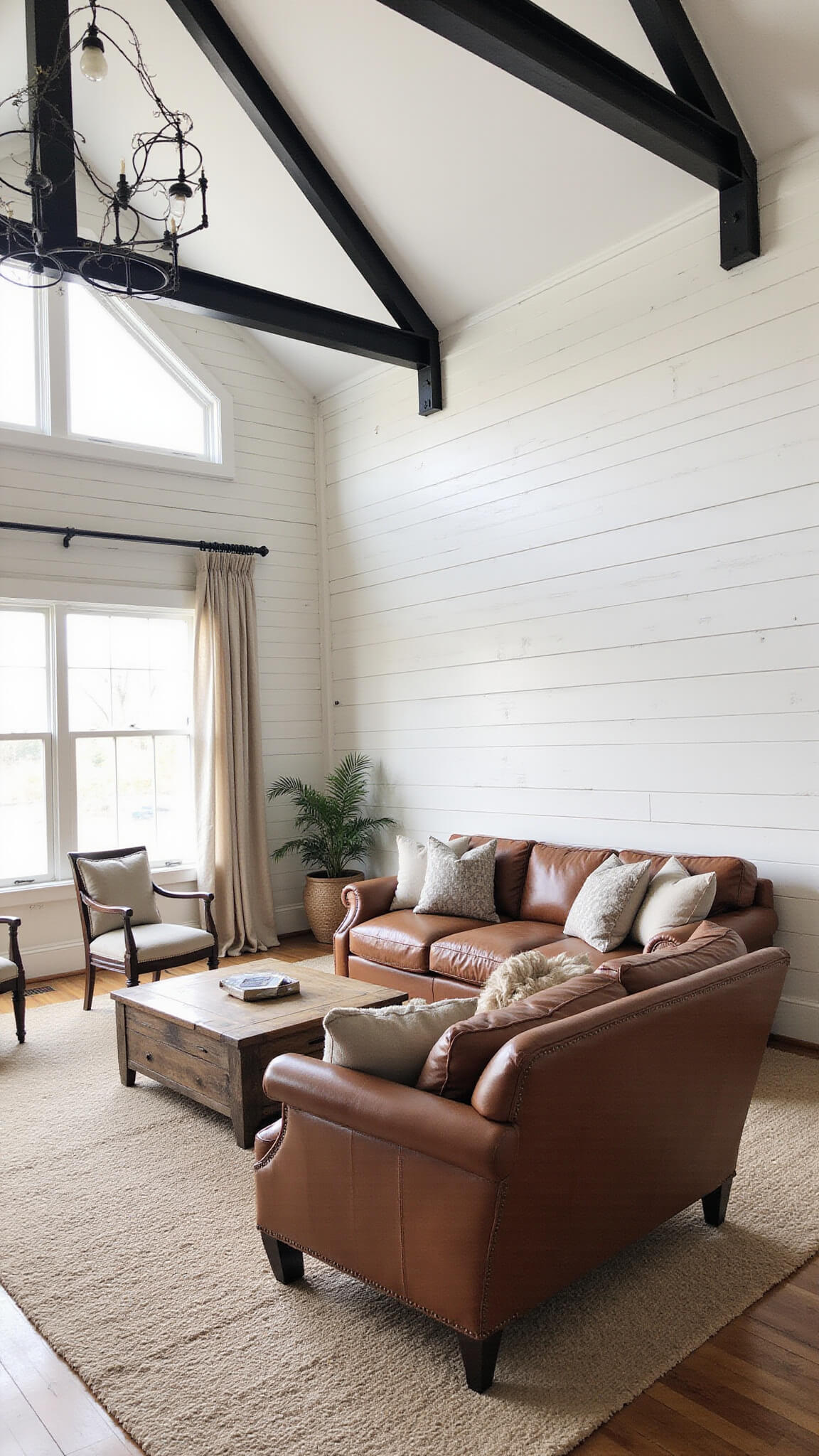 Spacious farmhouse living room with cognac leather Chesterfield sofa, industrial chairs, vintage cart coffee table, and warm shiplap walls under black ceiling beams in soft morning light.