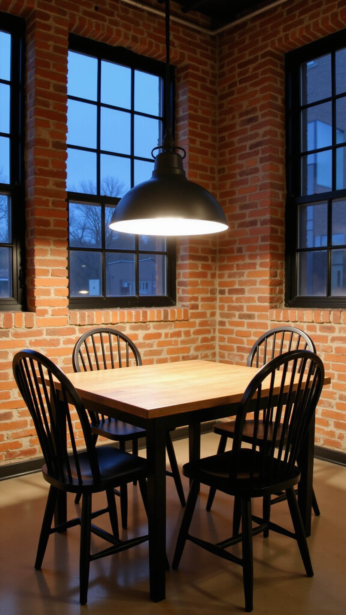 Modern industrial dining nook with exposed brick wall, steel-framed oak table, matte black Windsor chairs, large industrial pendant light, and vintage factory windows in moody dusk lighting.