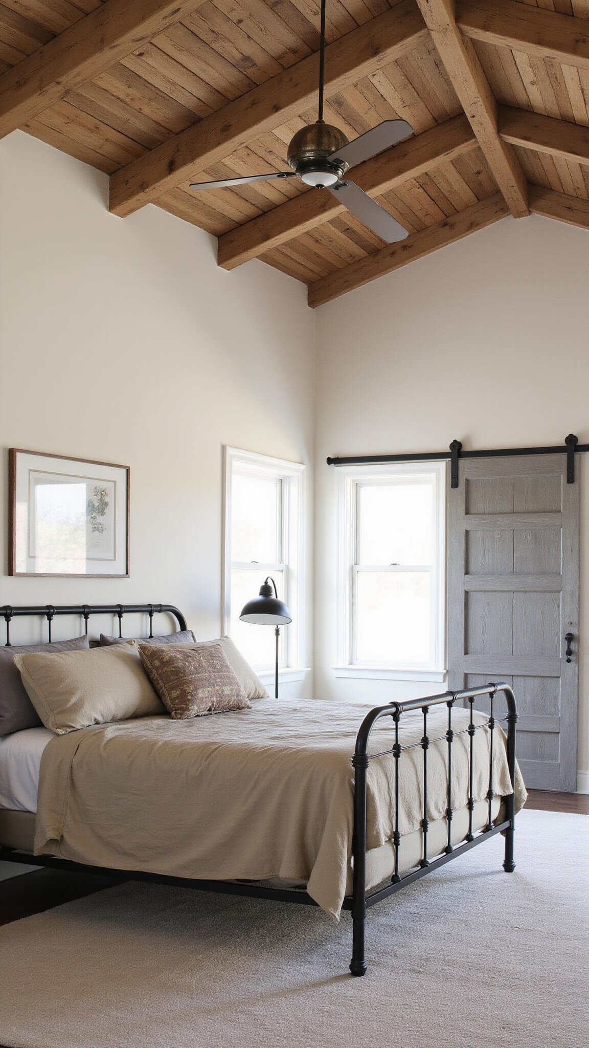 Rustic master bedroom with vaulted ceiling, reclaimed wood beams, king-size bed with oatmeal linen, sliding barn door, and vintage industrial floor lamp in soft morning light.