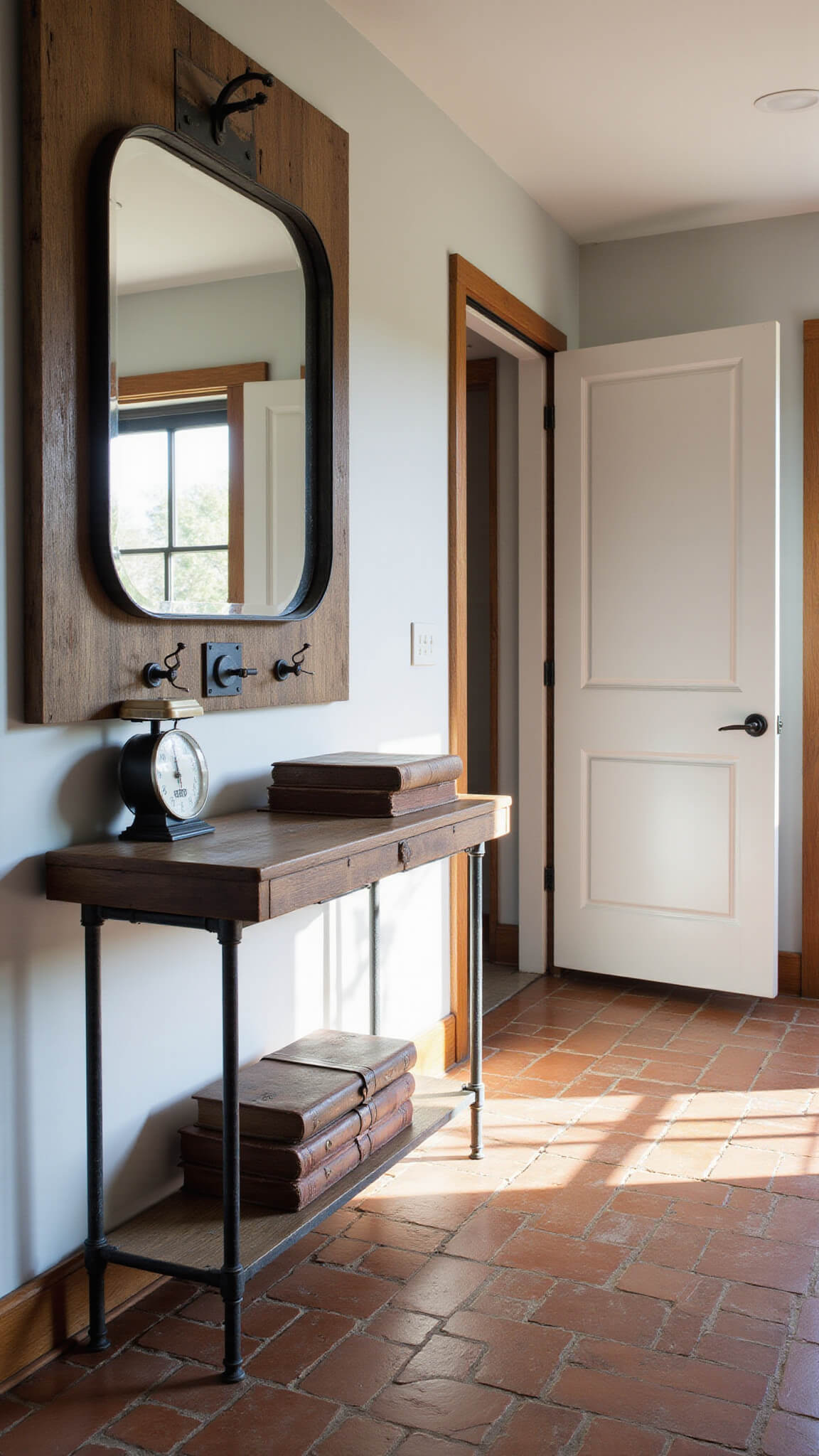 Industrial farmhouse entryway with herringbone brick floor, metal and wood console, vintage decor, and dramatic mid-morning light.