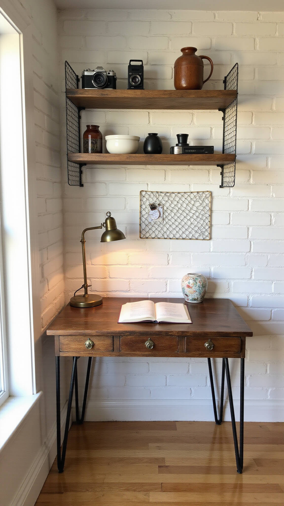 Cozy farmhouse-style home office nook with whitewashed brick wall, reclaimed wood desk, vintage decor, and warm natural afternoon light.