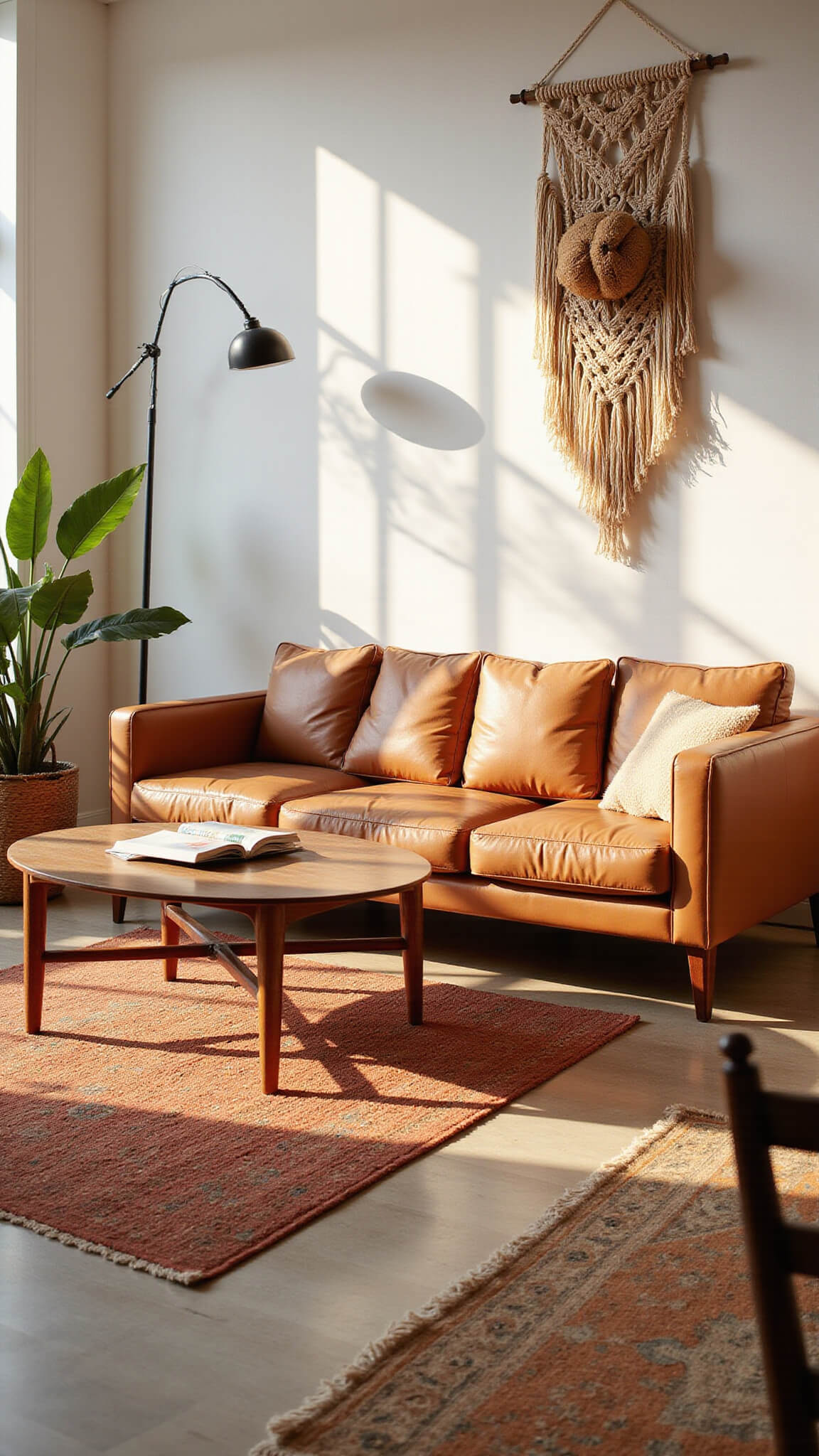 Wide-angle view of a sunlit living room with tan leather sofa, walnut coffee table, vintage rugs, floor-to-ceiling windows, and bohemian decor.