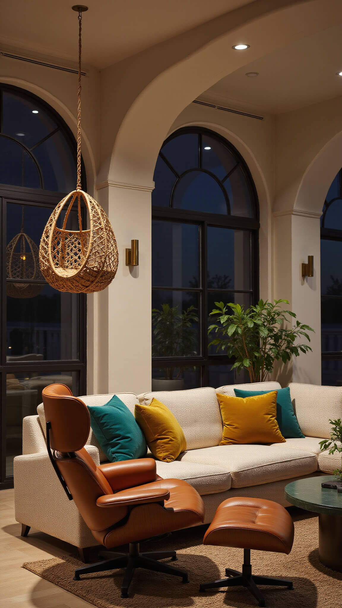 Cozy dusk-lit living room with dramatic arches, Eames lounge chair, rattan peacock chair, cream bouclé sofa with emerald and mustard velvet pillows, ceramic table lamps, and brass accents.
