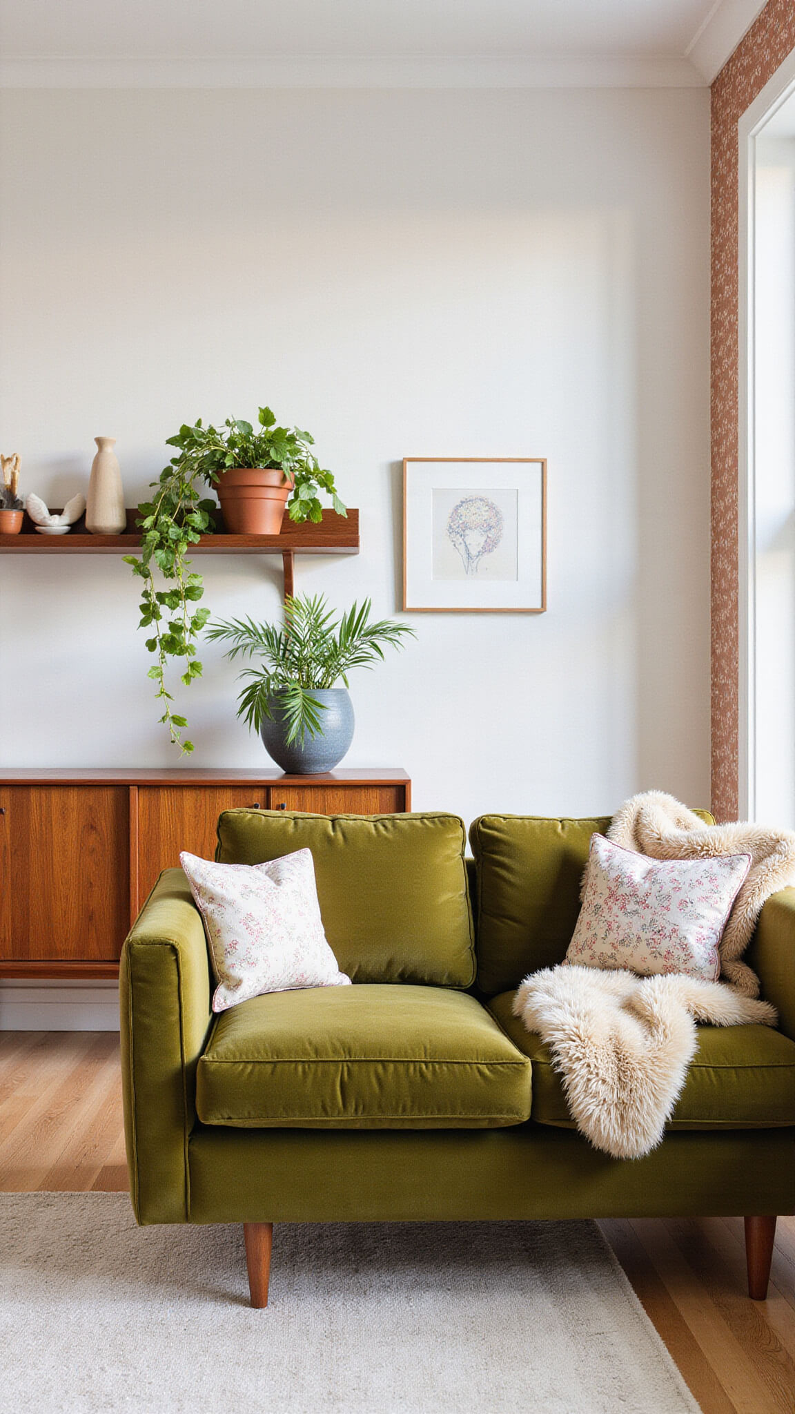 Olive green velvet sofa in sunlit open-concept room with geometric terra cotta wallpaper, teak credenza, and textured decor elements.