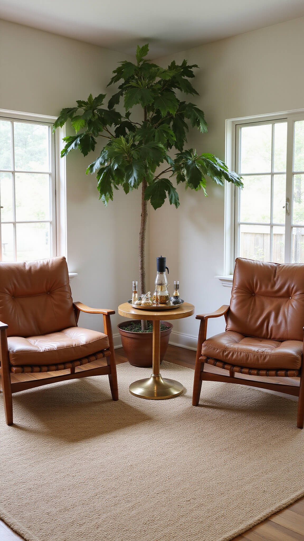 Corner view of a warm, dramatic living space with cognac leather sling chairs, brass martini table, tall fiddle leaf fig tree, layered Moroccan and sisal rugs, and a teak bar cart styled with metallic decor.