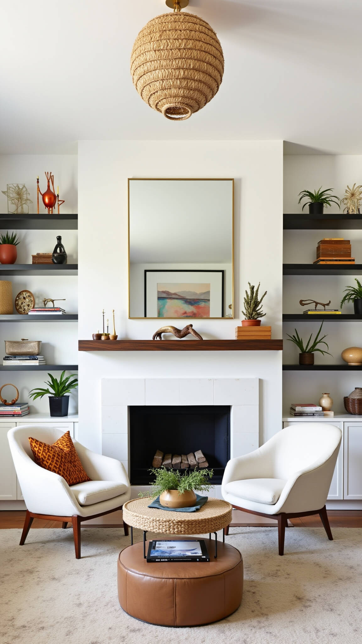Symmetrical modern living room with central white fireplace, floating walnut mantel, cream bouclé chairs, brass mirror, global artifacts, jute pendant, plants on MCM stands, and bright natural lighting.