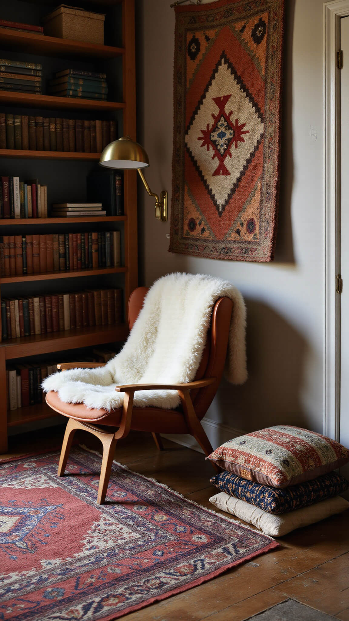 Cozy reading nook at twilight with Flag Halyard chair, sheepskin throw, brass reading lamp, floor-to-ceiling bookcase, earthy wall tapestry, and vintage kilim cushions.