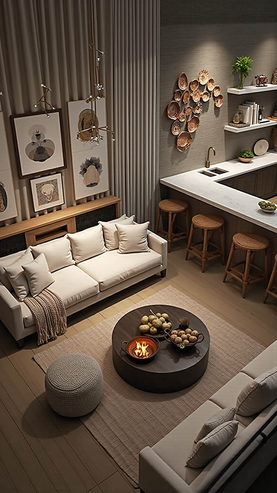 Elevated view of stylish 20x18ft evening entertaining space with sectional, mud cloth pillows, Sputnik chandelier, gallery wall, bar area with rattan stools, and ambient lighting.