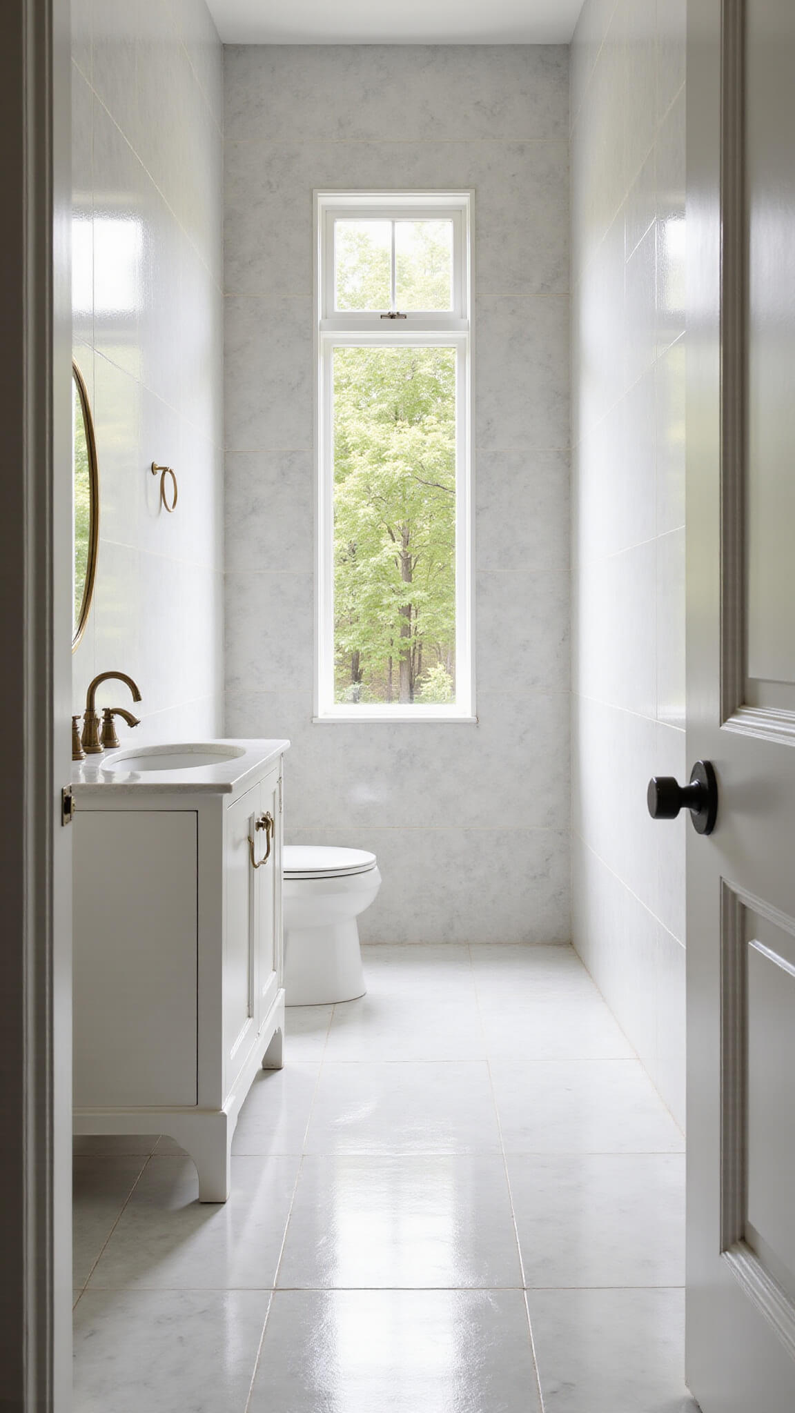 Bright 5x8ft bathroom with large marble-look porcelain tiles, white vanity with brass hardware, black fixtures, and morning sunlight highlighting seamless design.