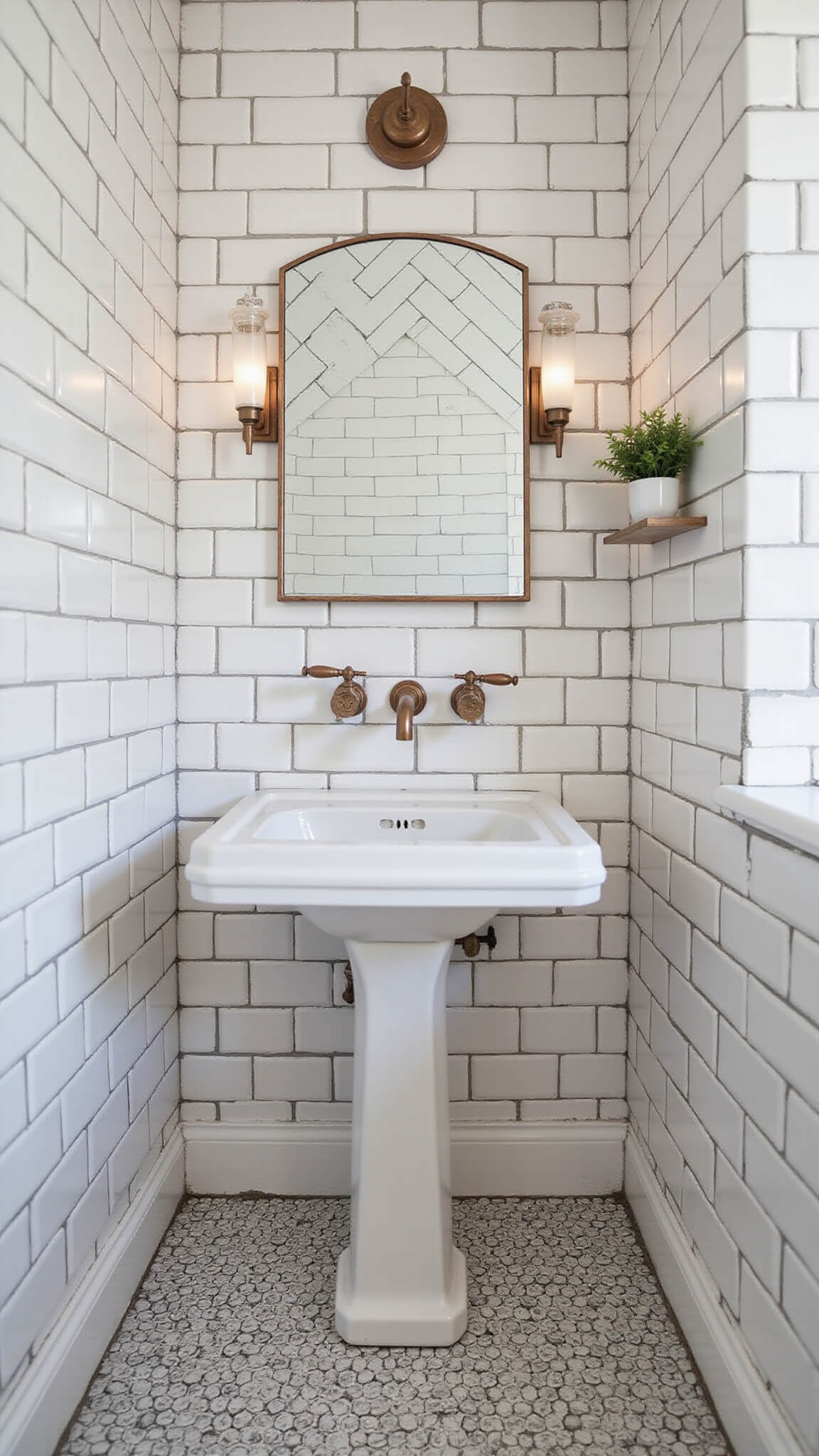 Low-angle view of a small 6x6ft bathroom with vertical white subway tiles, herringbone shower wall, vintage pedestal sink, copper fixtures, black and white hexagon floor tiles, and Art Deco mirror with sconces.