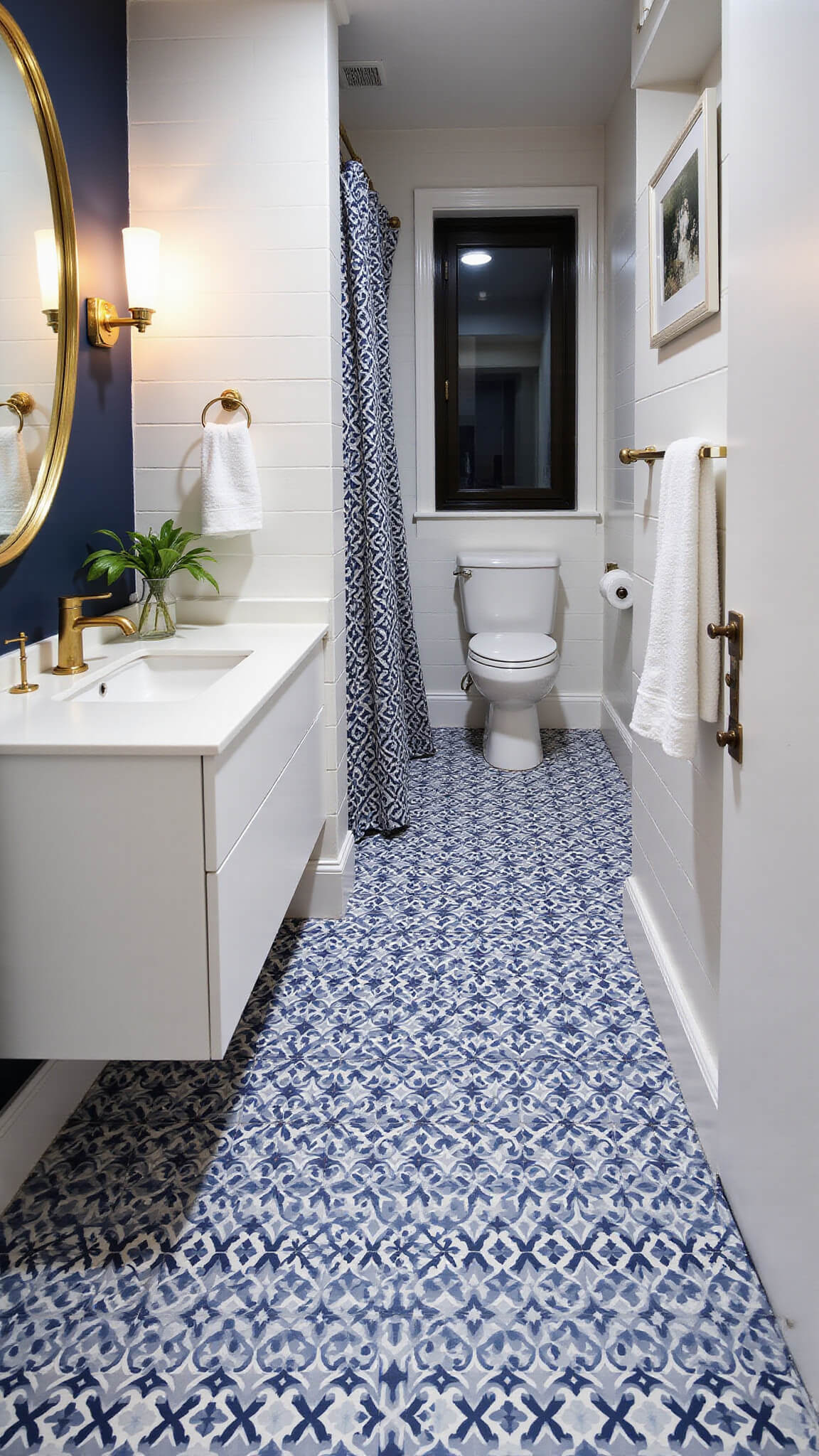 Bird's eye view of a modern 5x7ft bathroom with bold navy and white geometric floor tiles, floating matte white vanity, large white wall tiles, navy and brass accents, and moody evening lighting.