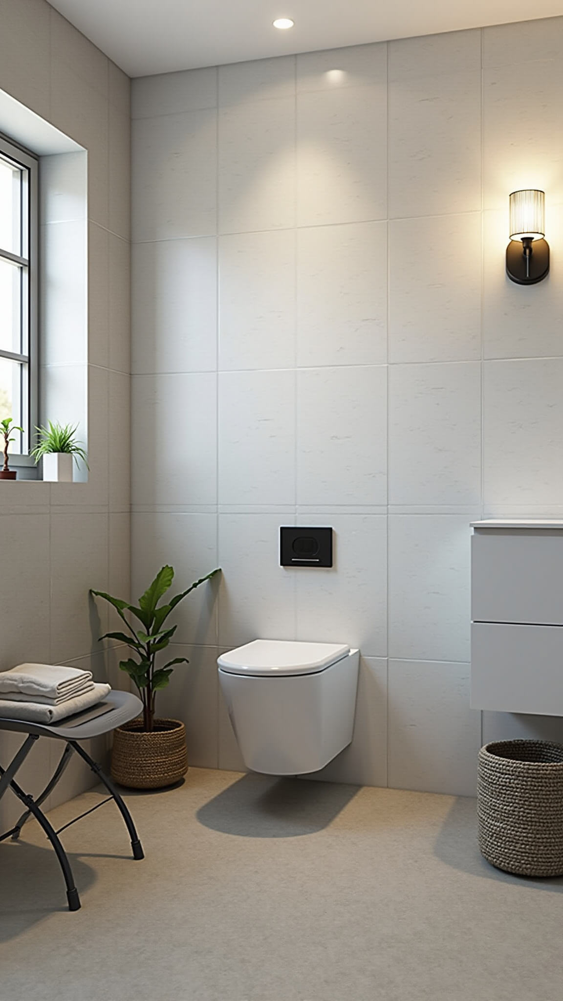 Modern 6x8ft bathroom with glossy white 3D wall tiles, textured stone-look floor, wall-mounted toilet, floating vanity, matte black accents, and soft lighting.
