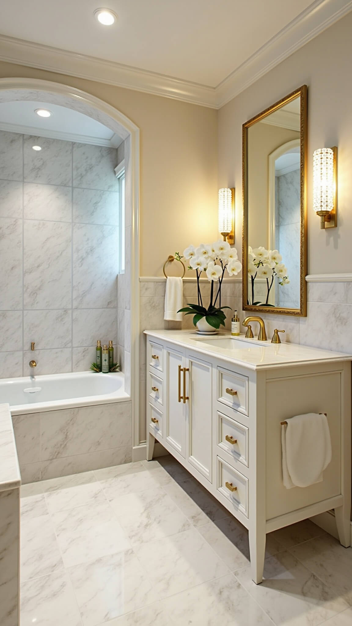 High-angle view of a light-filled 7x5ft bathroom featuring large-format book-matched marble-look tiles, wall-hung vanity with waterfall edge, gold-framed mirror, crystal sconces, and elegant cream, gold, and white accents.