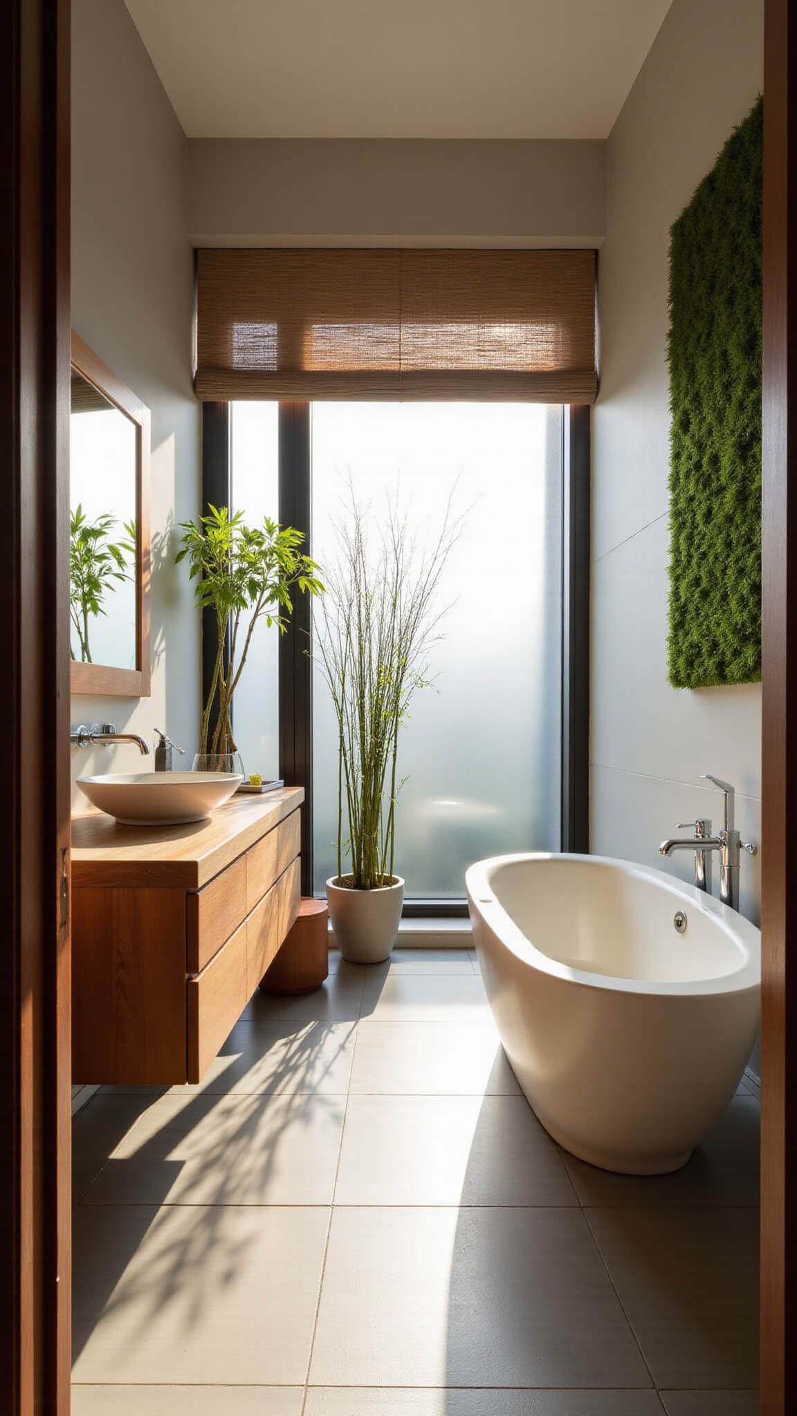 Modern Zen bathroom with teak vanity, white soaking tub, frosted floor-to-ceiling windows, gray tiled surfaces, bamboo plant, moss wall art, and soft natural lighting.