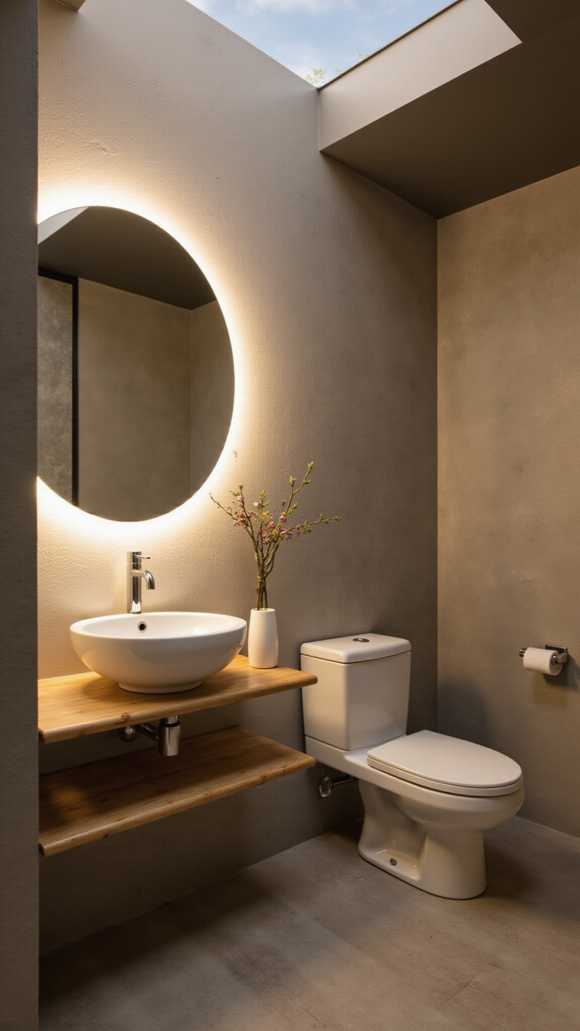 Low-angle view of minimalist Zen powder room with dramatic skylight lighting, bamboo shelf, textured limestone wall, floating sink, and orchid in vase.