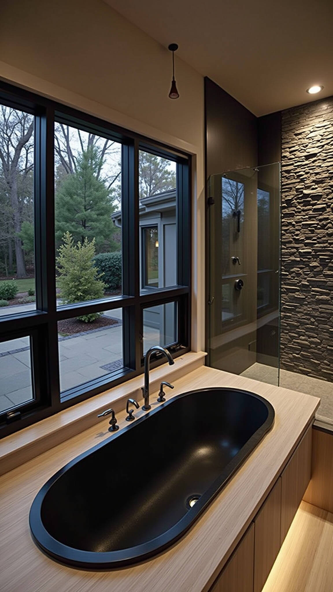 Elegant Zen-style bathroom at twilight with black granite soaking tub, floor-to-ceiling windows overlooking garden, bleached oak double vanity, glass-enclosed rain shower, and slate gray stone accent wall.