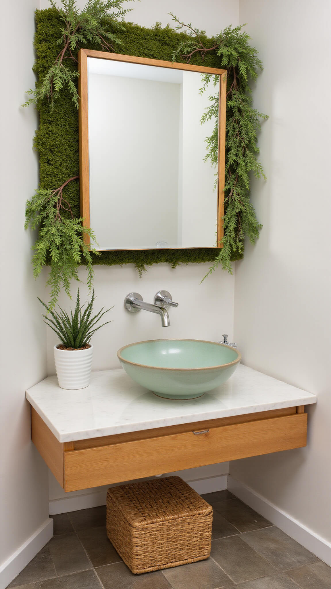 Compact 6x8ft Zen guest bathroom with bamboo floating vanity, celadon ceramic sink, quartz countertop, vertical garden wall, and riverbed stone tile floor.