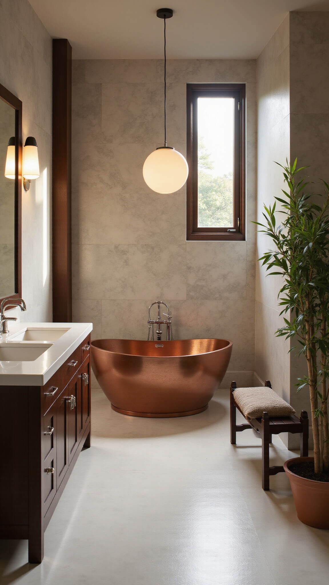 Zen master bathroom at sunrise with copper tub, marble wall, dark wood double vanity, pendant lights, bamboo plant, and meditation bench.