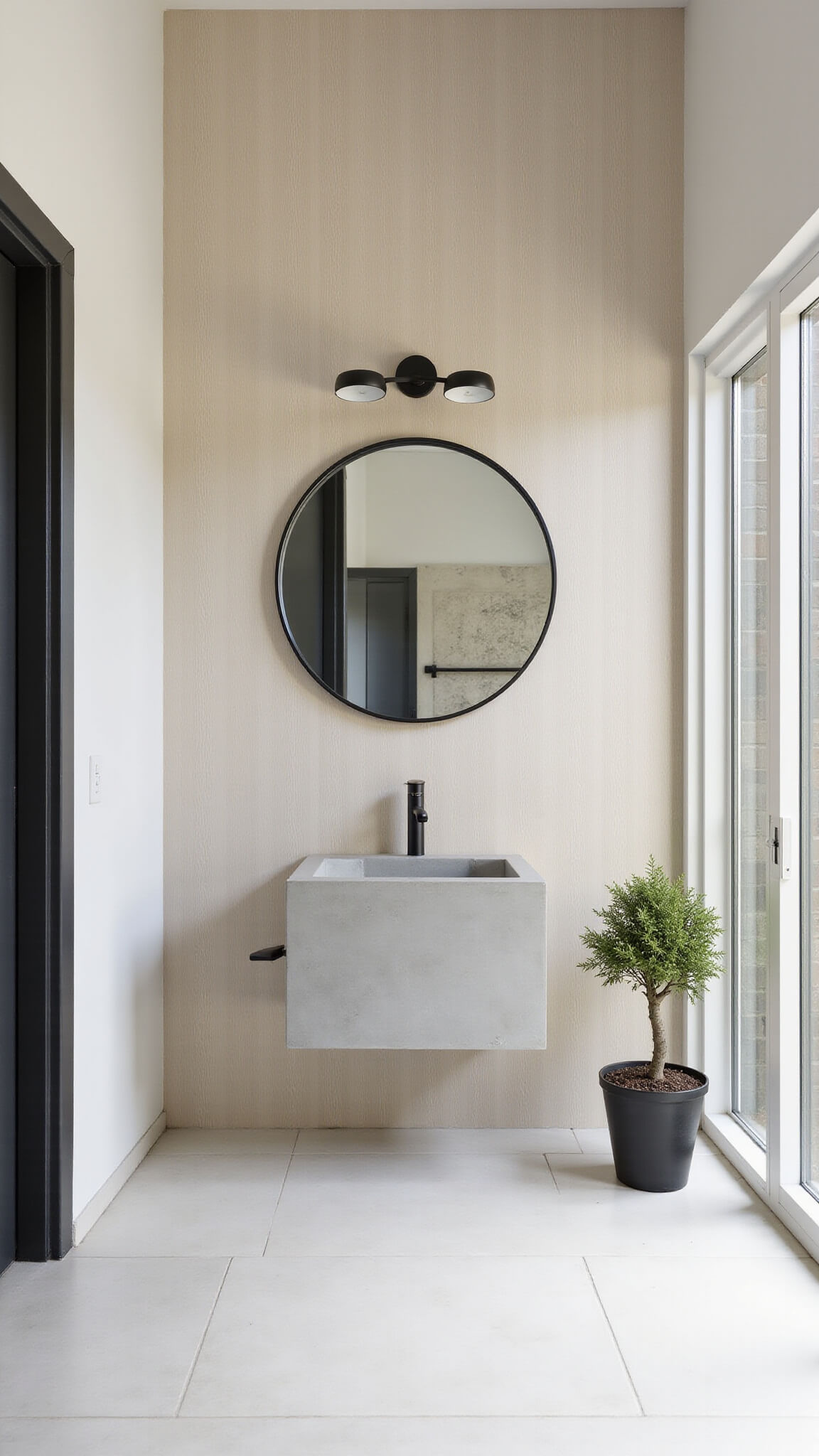 Minimalist 9x11ft Zen bathroom with floating concrete vanity, circular lit mirror, matte black faucet, white oak accent wall, seamless white porcelain tiles, and single bonsai tree in natural afternoon light.