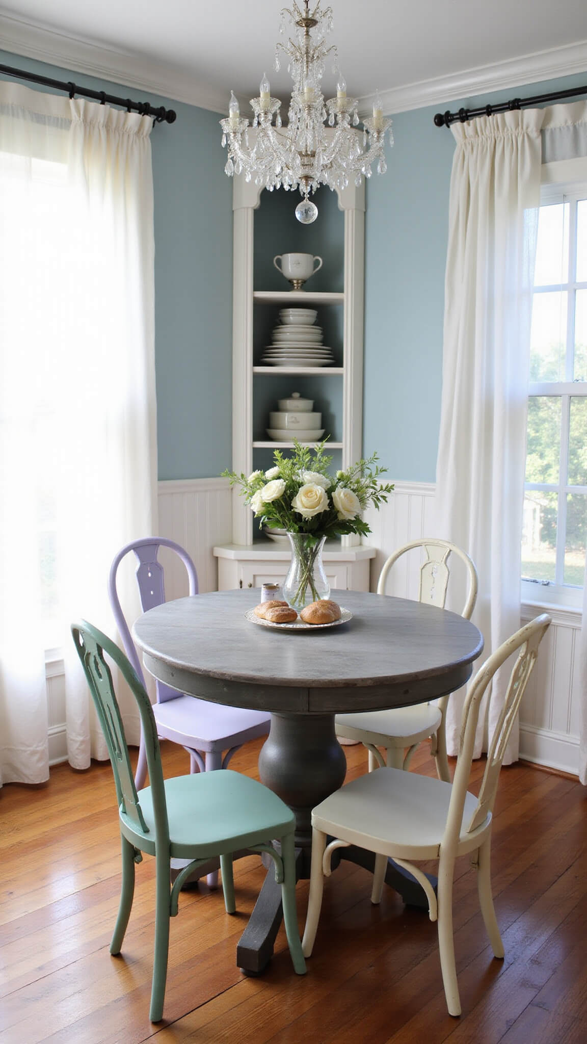 Cozy 12x12ft dining nook with rustic round gray table, pastel vintage chairs, crystal chandelier, pale blue walls, white beadboard, built-in corner hutch with china, and sunlit gauzy curtains.