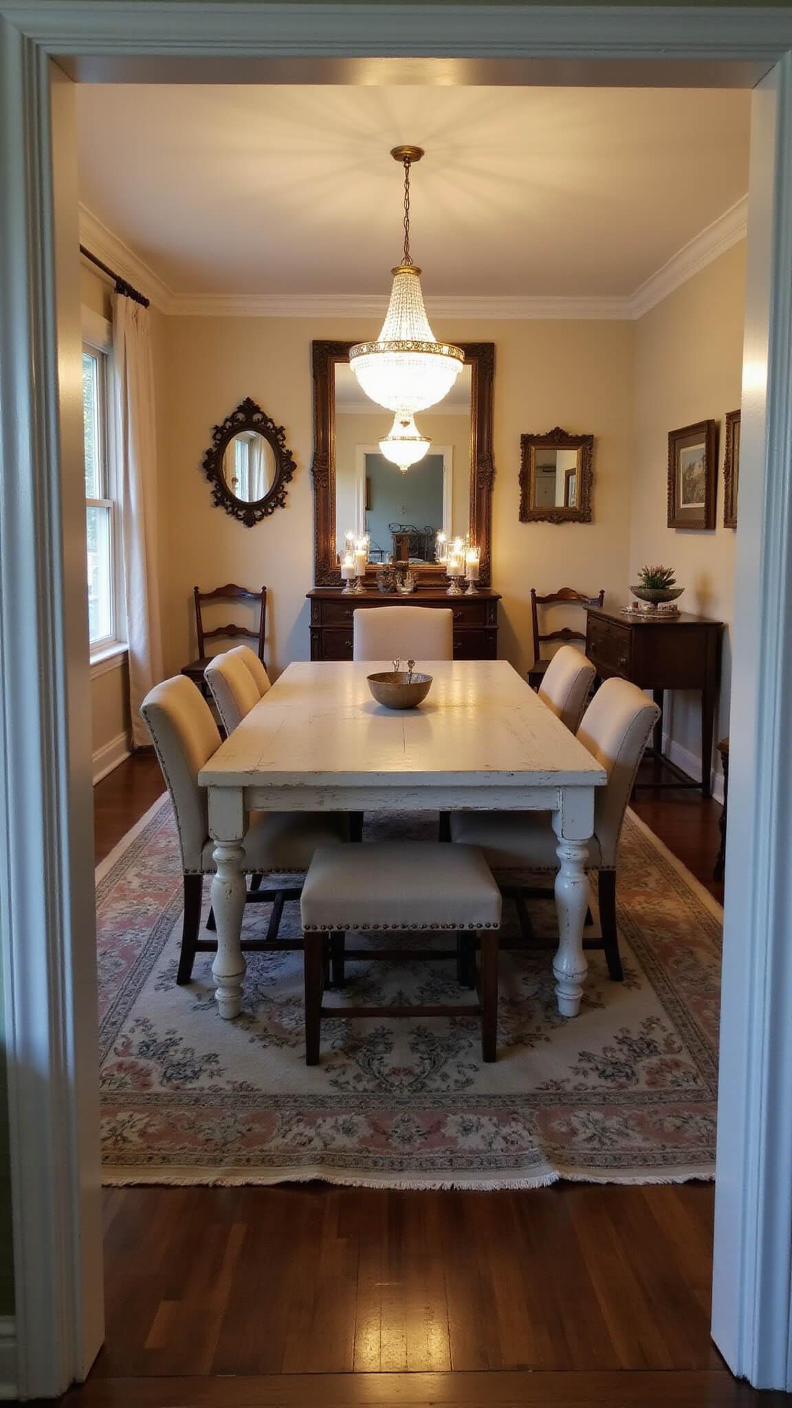 Wide-angle view of formal dining room with distressed farmhouse table, layered vintage rugs, mixed seating, antique mirrors, and dimmed crystal chandelier at dusk.