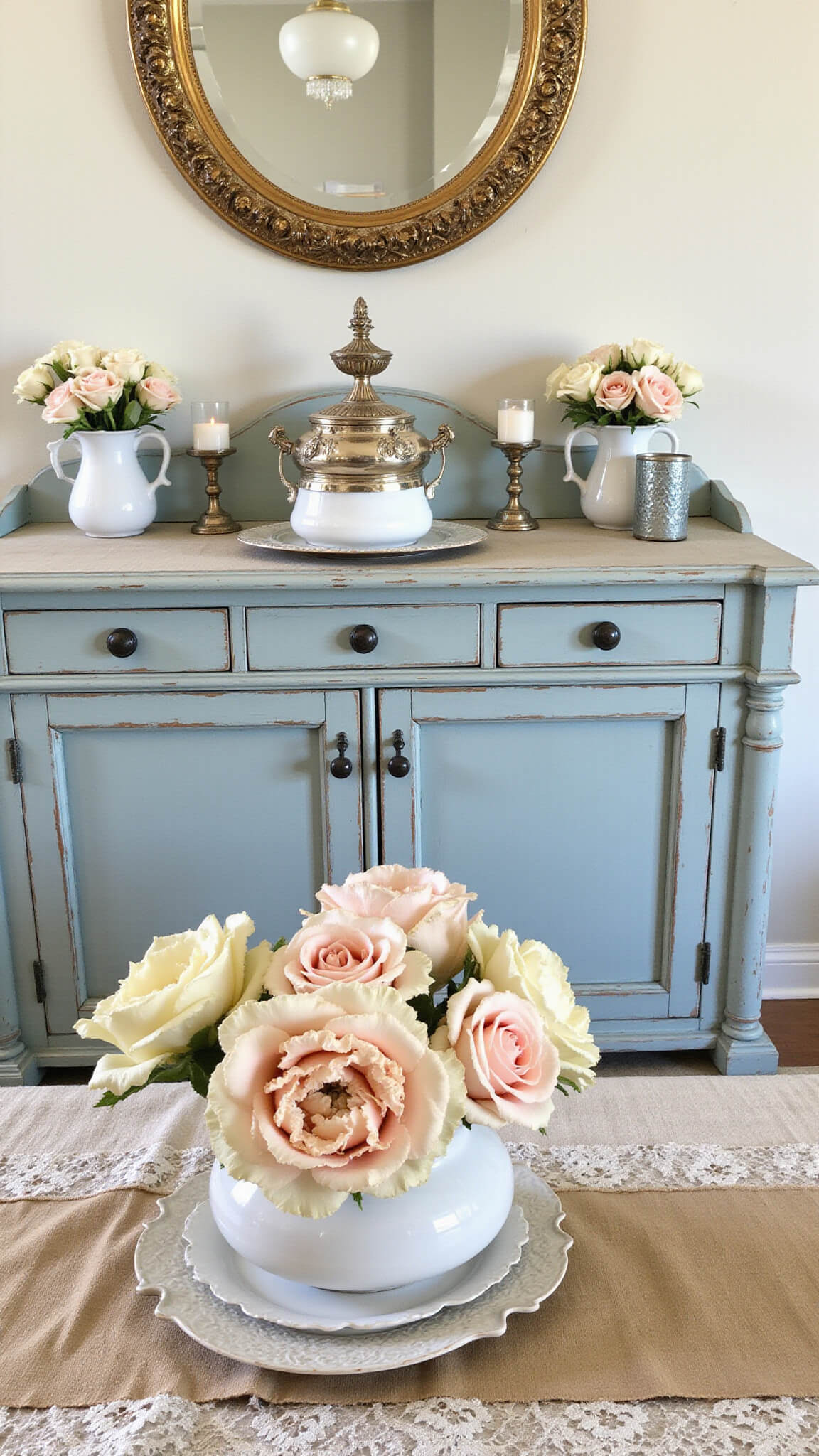 Close-up of antique duck egg blue sideboard with vintage silverware, milk glass vases holding roses, mercury glass votives, and lace-lined linen runner; ornate gilt mirror above reflects warm soft lighting.