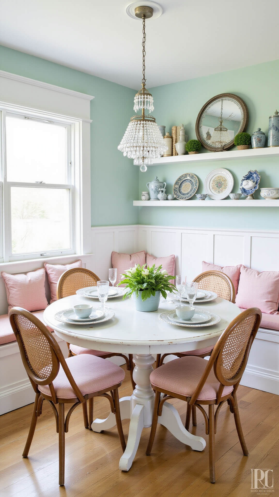 Bright breakfast nook with round white chippy table, cane-back chairs with blush cushions, vintage crystal pendant, mint ceiling, ironstone on open shelves, and natural mid-morning light.