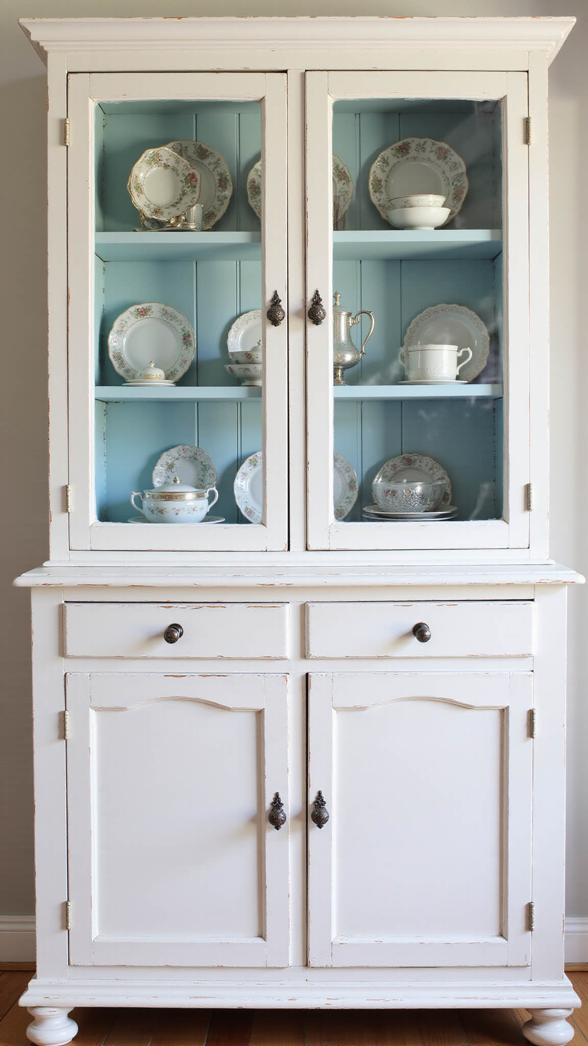 Detail shot of tall antiqued white cabinet with glass doors displaying vintage china and silver, soft blue interior, and crystal doorknobs lit by morning sunlight.