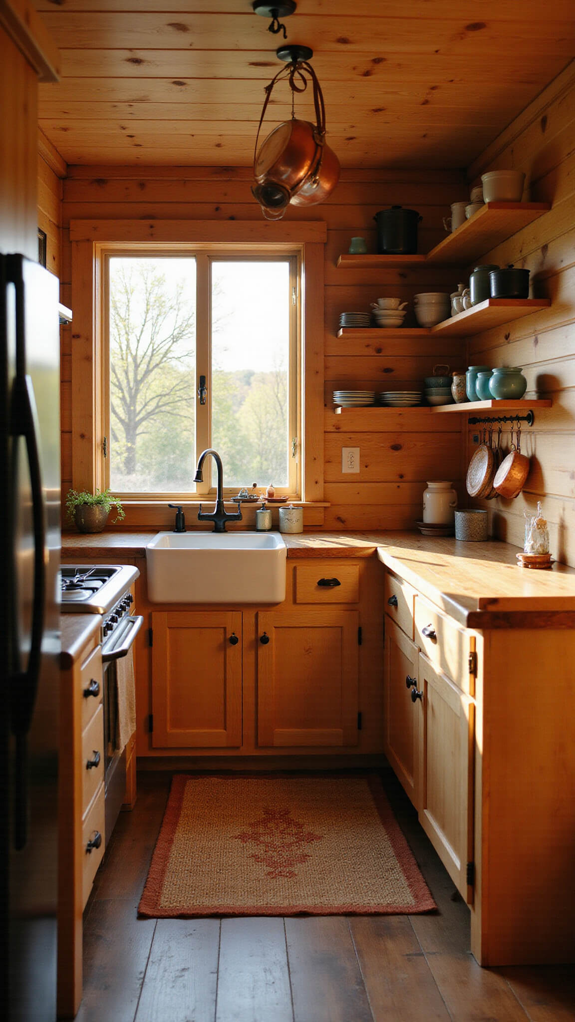 Cozy 10'x12' cabin kitchen with pine cabinets, farmhouse sink under sunlit west-facing window, open shelves holding pottery and enamelware, copper pots hanging above butcher block island, and a rust-toned runner on wide-plank wood floor.