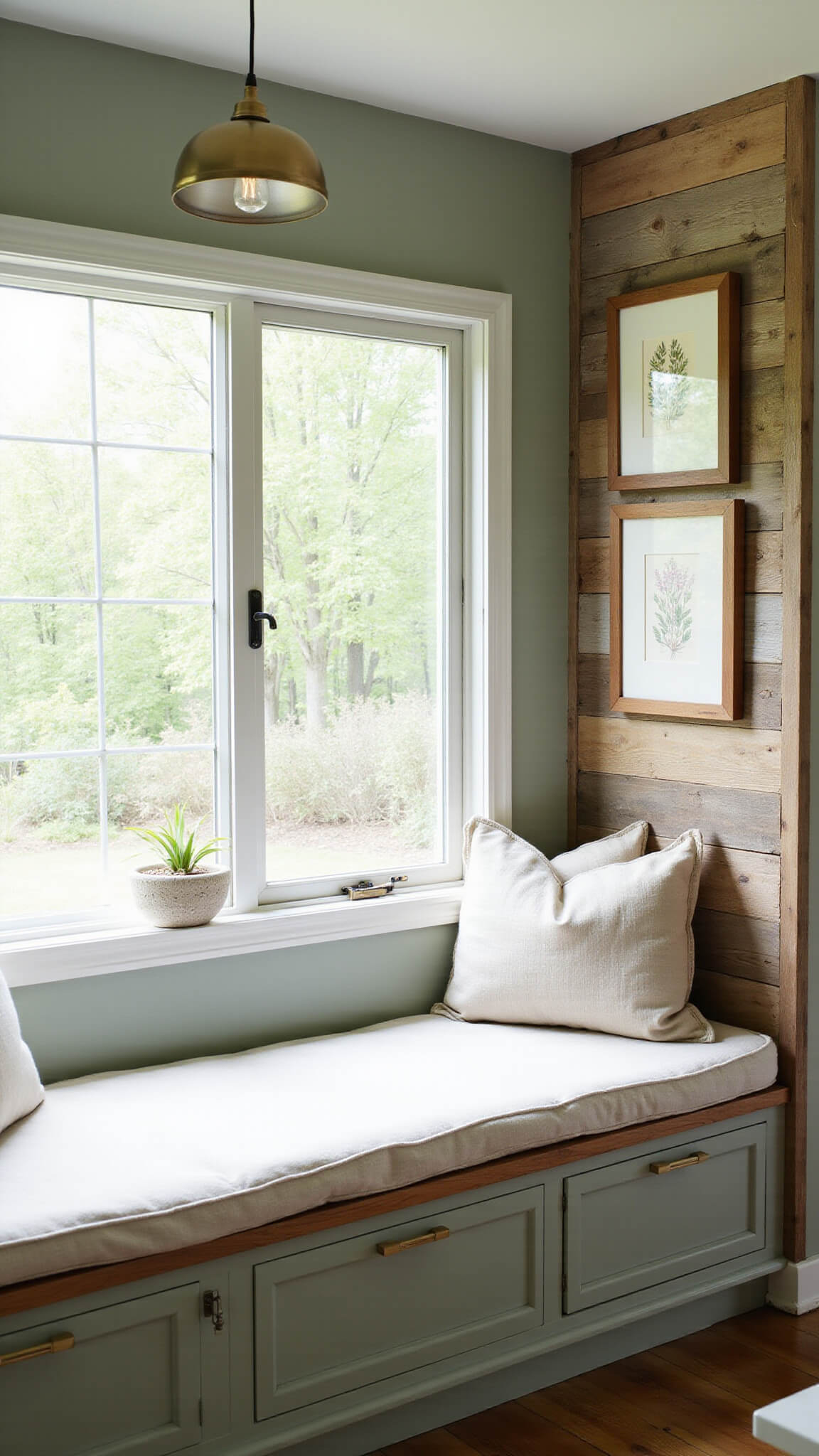 Compact cabin breakfast nook with sage cabinets, window seat, reclaimed wood accent wall, and vintage decor in natural morning light.