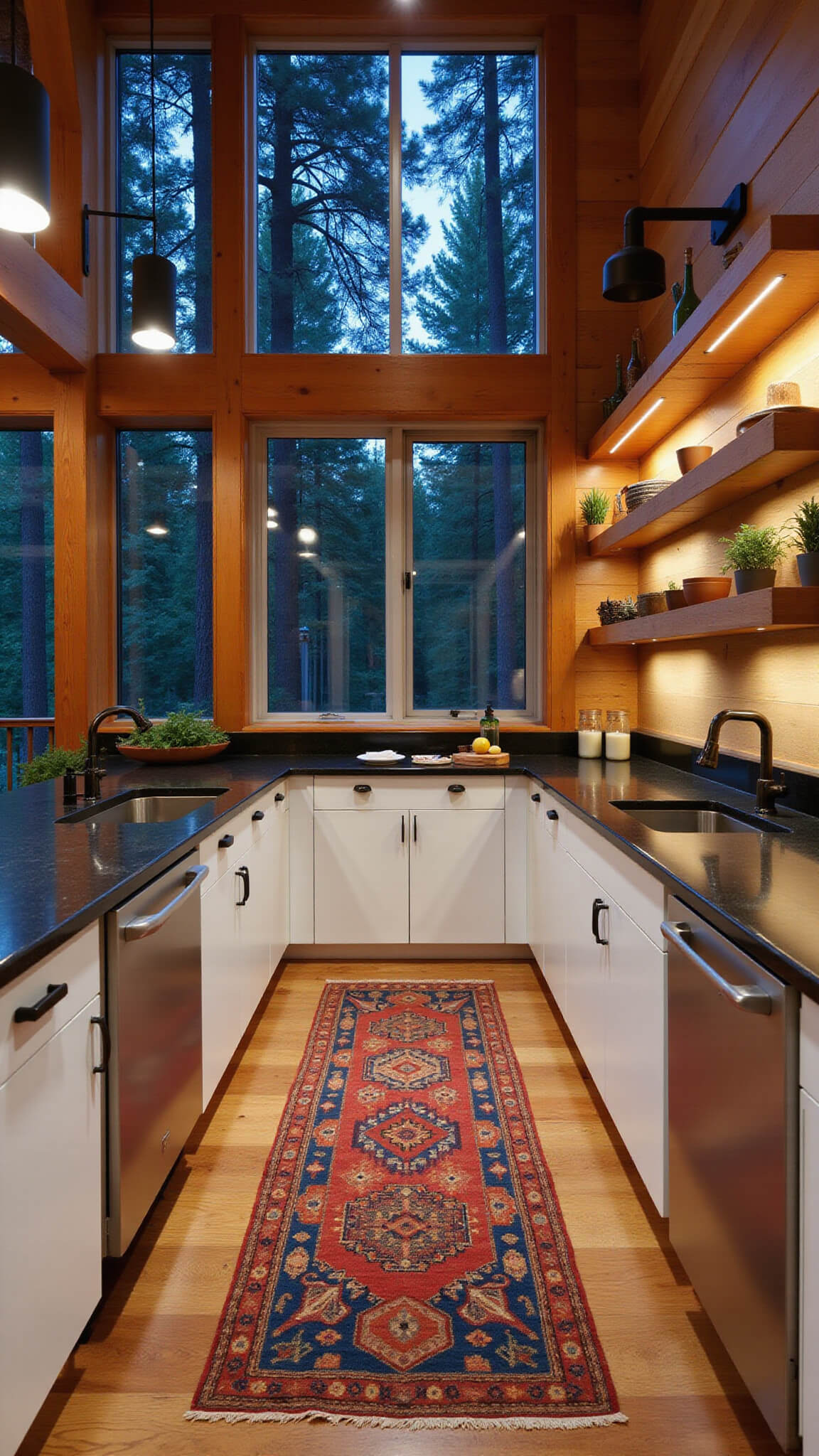 Rustic-modern cabin kitchen at dusk with white oak cabinets, dark soapstone counters, and forest views through floor-to-ceiling windows.