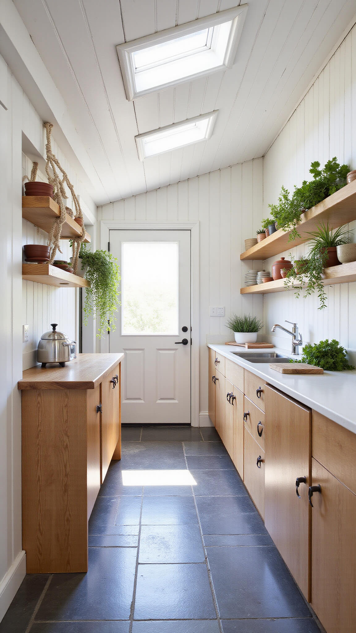 Sunlit galley kitchen with whitewashed pine walls, slate floors, alder cabinets with leather pulls, open shelves with terra cotta earthenware, and hanging herbs in macramé planters.