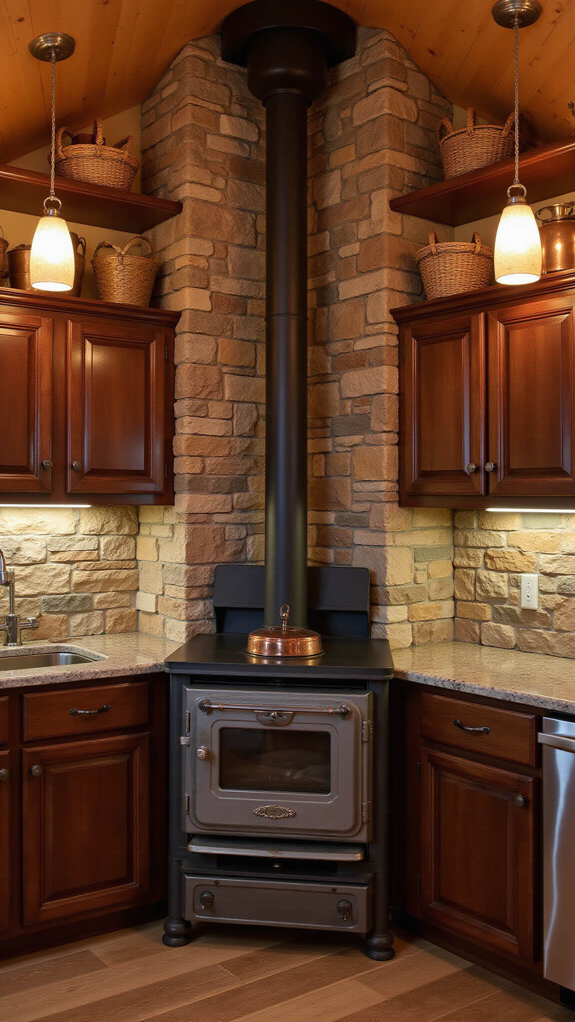 Cozy 10'x10' cabin kitchen corner with stone accent wall, wood-burning stove, dark walnut cabinets, marble countertops, and warm vintage pendant lighting.