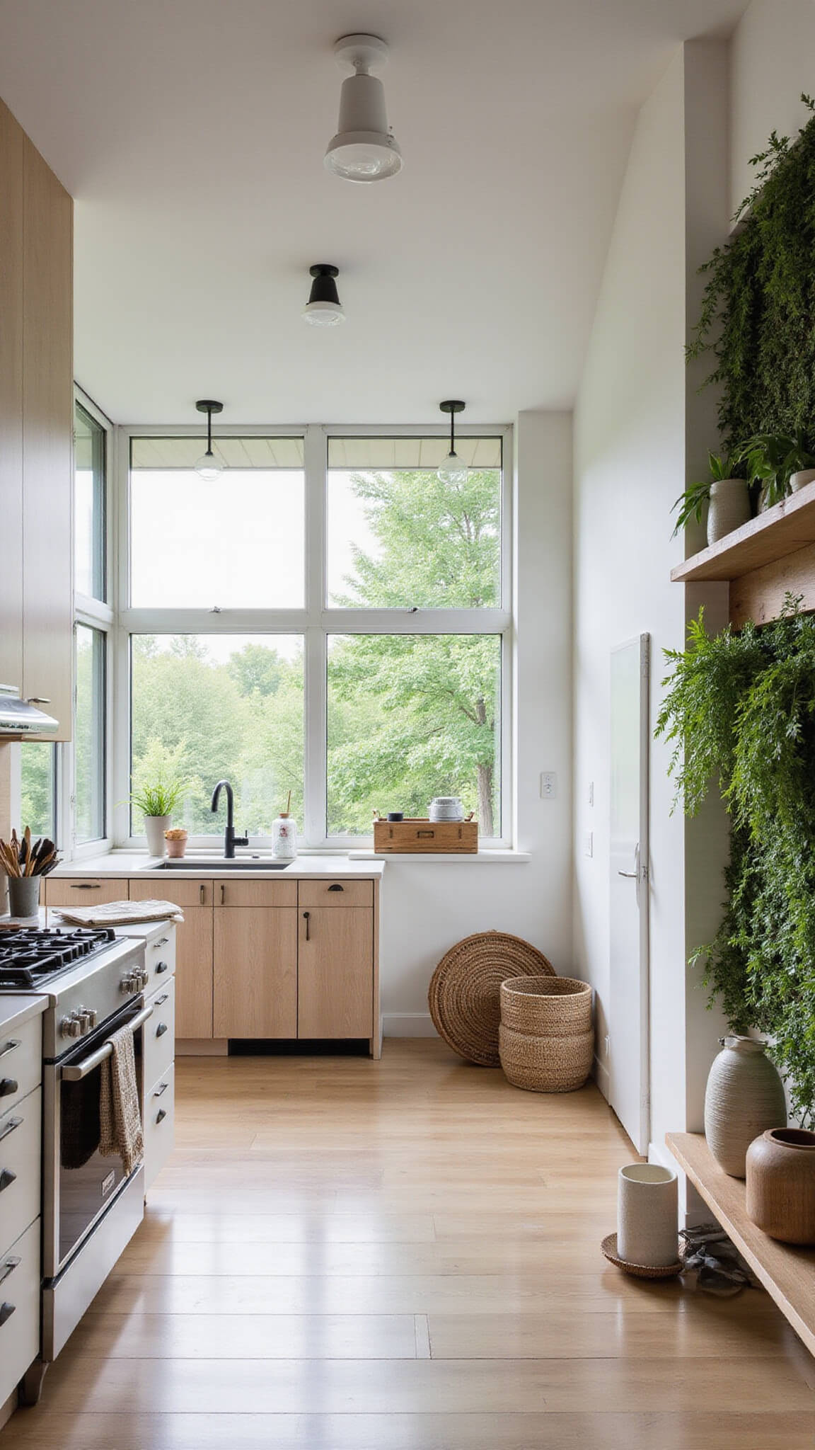 Scandinavian-style cabin kitchen with white oak cabinetry, herb living wall, black fixtures, and natural lighting through floor-to-ceiling windows.