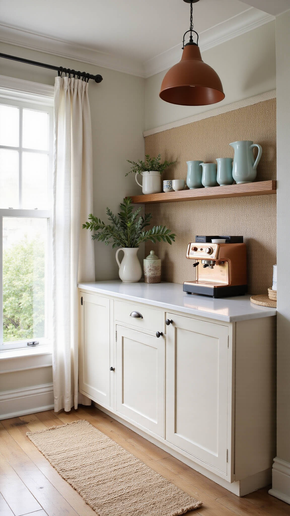 Luxurious coastal chic coffee bar with copper espresso machine, cream shaker cabinets, sea-inspired ceramics, and seagrass wallpaper bathed in soft morning sunlight.