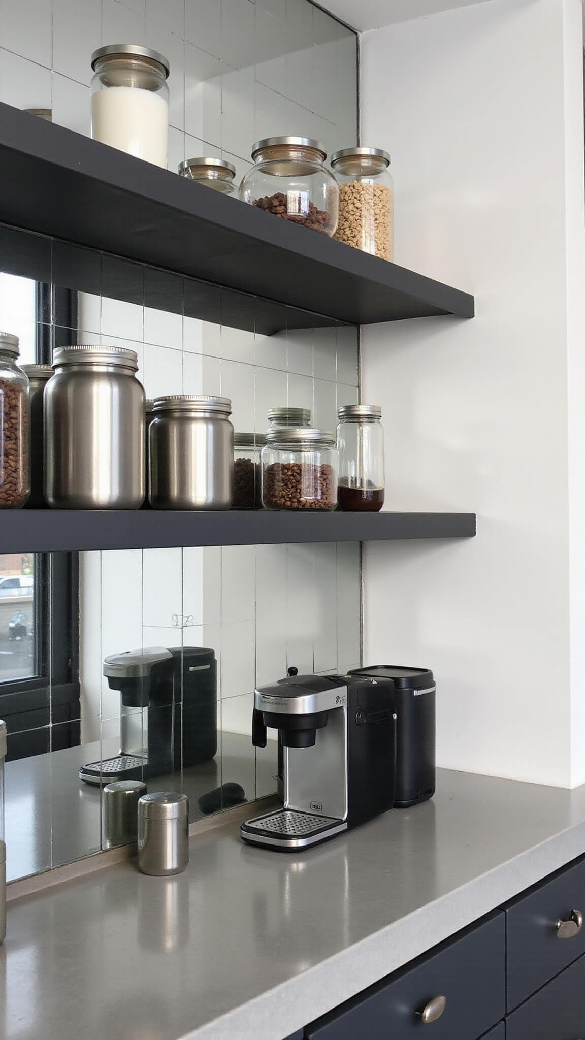 Modern minimalist coffee station with chrome coffee maker, mirrored backsplash, and matte black shelves in dramatic late afternoon light.