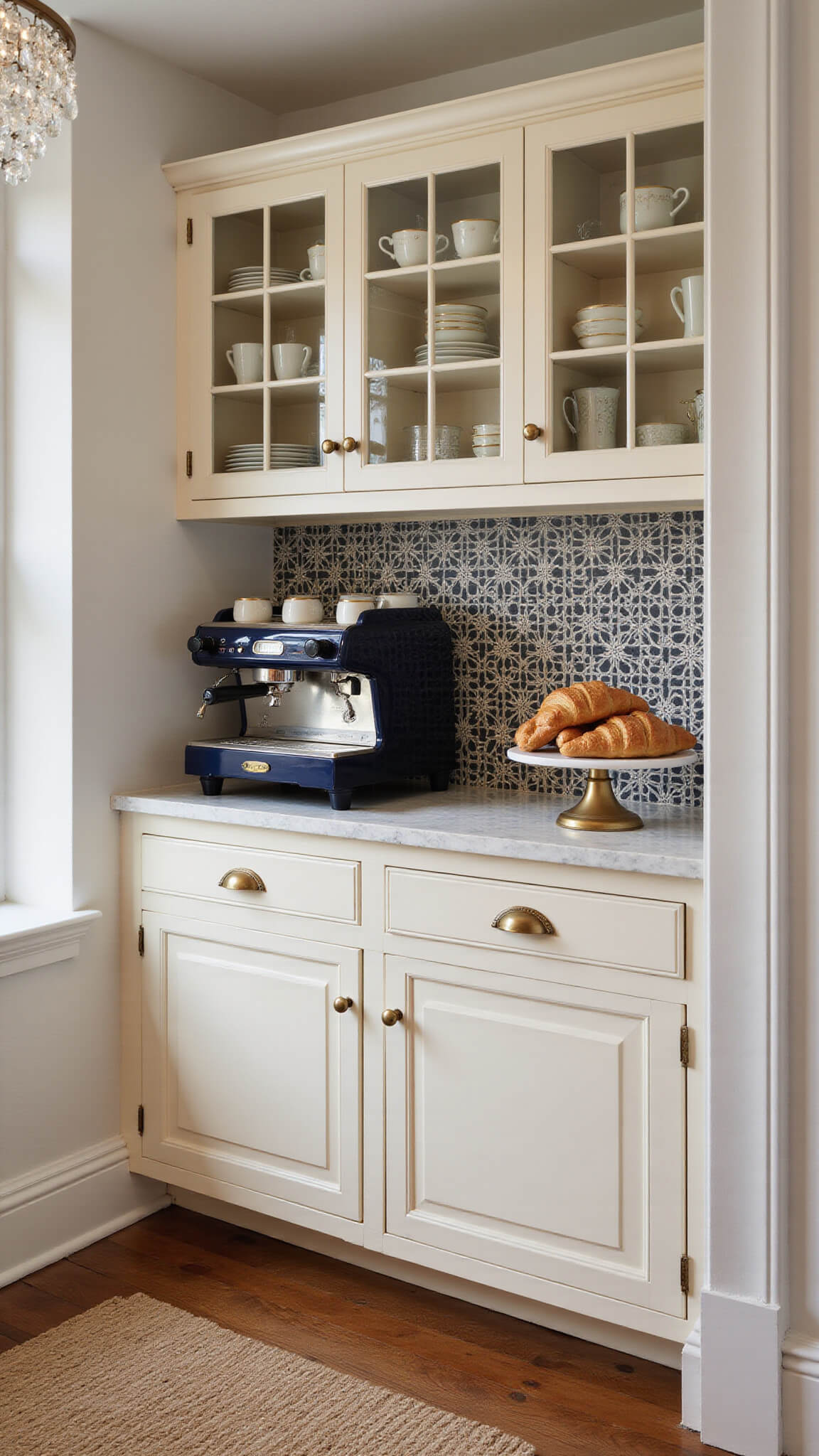 Corner view of French bistro-style coffee bar with marble countertop, vintage La Pavoni espresso machine, brass hardware, crystal pendant lights, and checkered tile backsplash at golden hour.