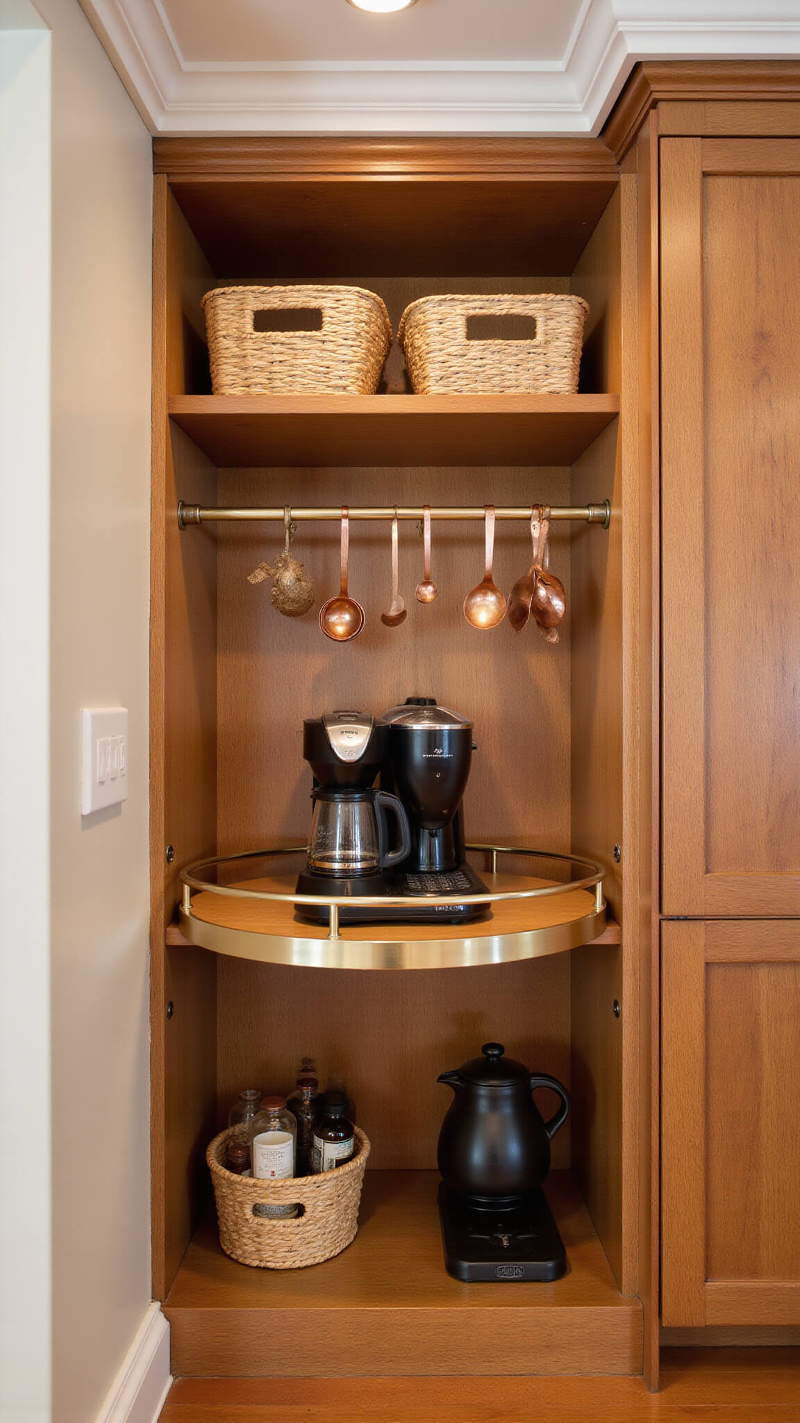 Professionally lit coffee bar with custom walnut pull-out shelves, vintage grinders, copper accents, and organized equipment on lazy Susan.