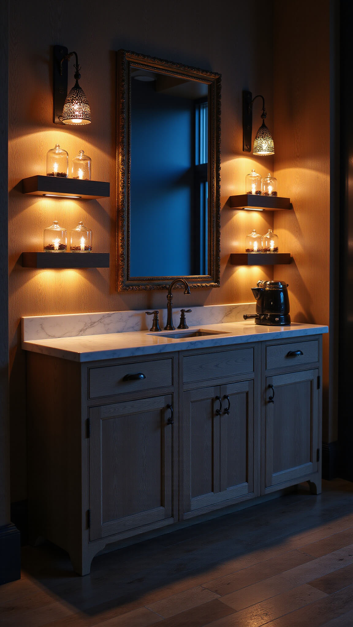 Moody evening coffee bar with warm LED lighting, marble backsplash, crystal sconces, and illuminated floating shelves.