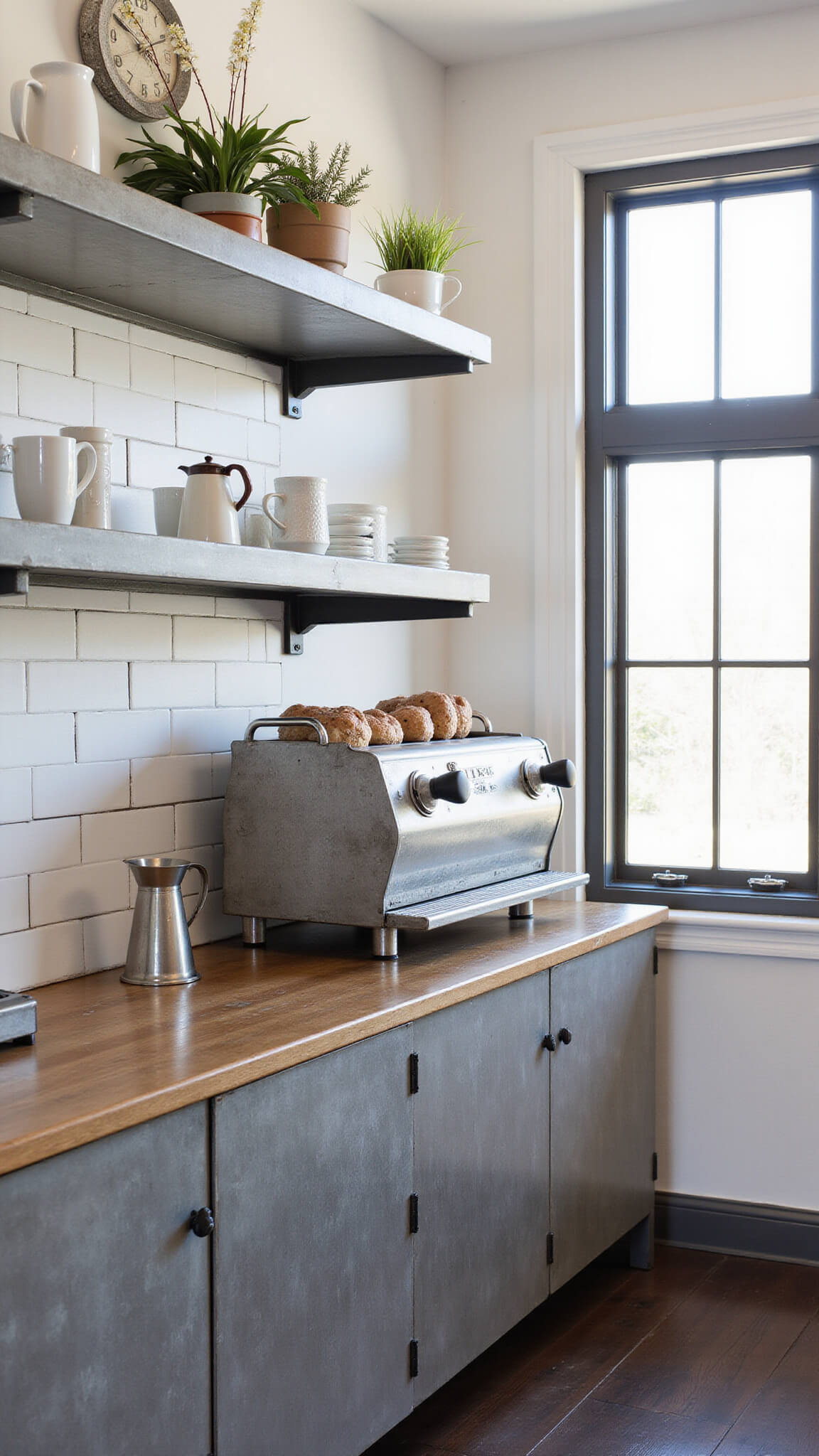 Coastal-industrial coffee station with espresso machine on reclaimed wood counter, white mugs on metal shelves, and flowers in zinc pitcher, lit by morning sun through factory windows.