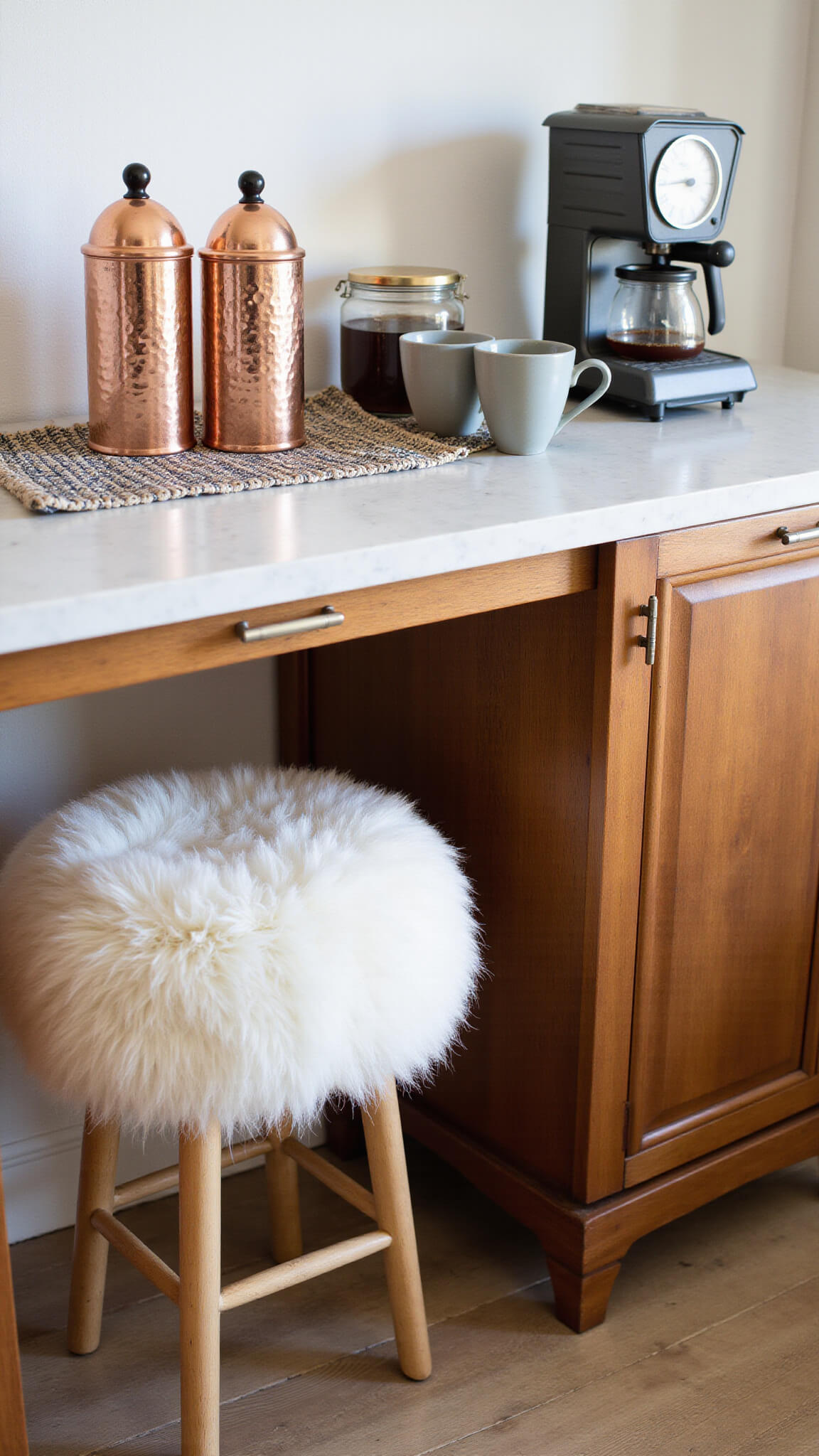 Textural coffee bar vignette with hammered copper canisters, handwoven runner, ceramic mugs, glass jars, and Mongolian wool stool under floating quartz counter, lit by natural side light.