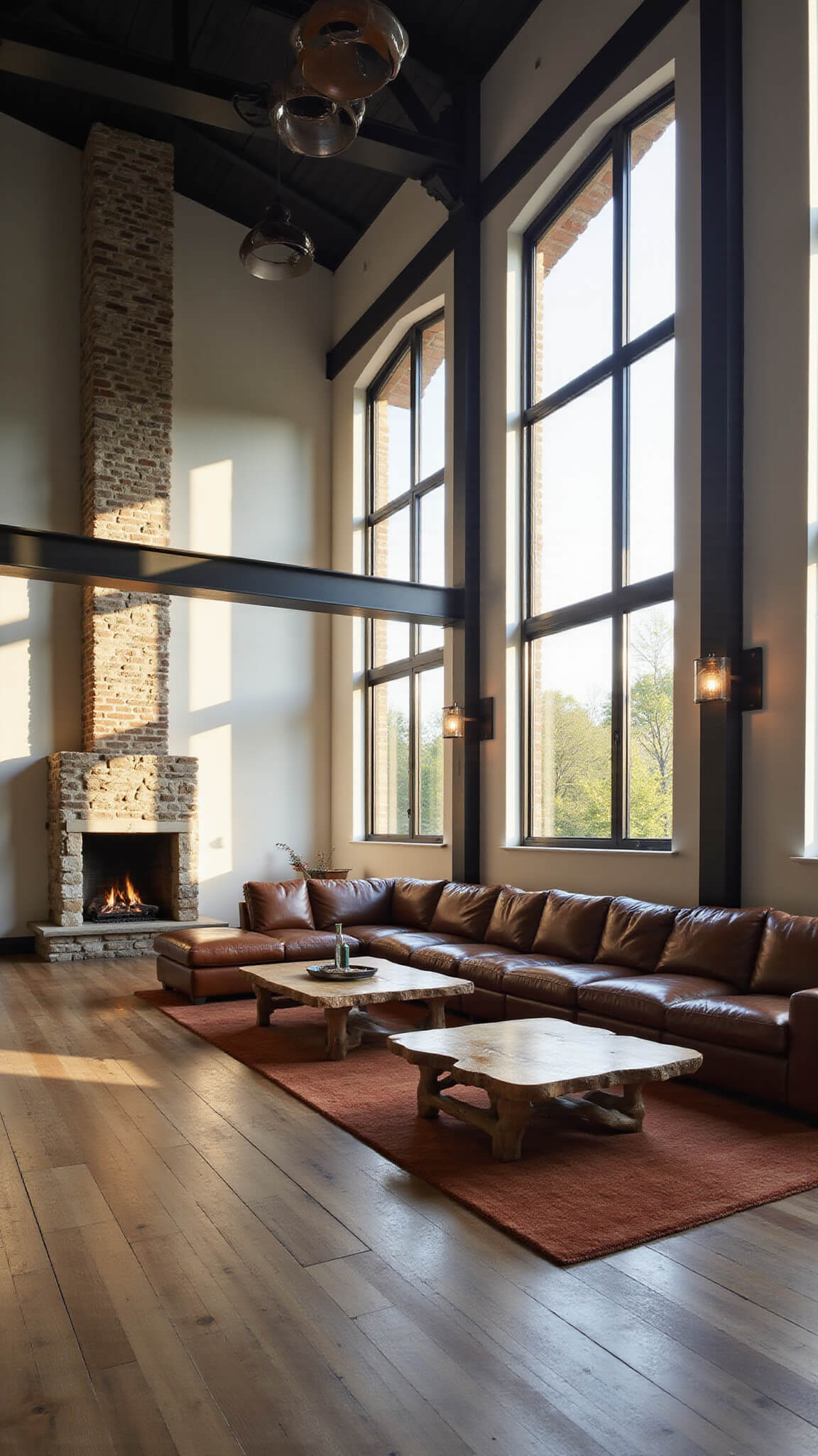 Modern barn conversion great room with tall ceilings, floor-to-ceiling windows, exposed steel trusses, stone fireplace, and rustic furnishings at golden hour.