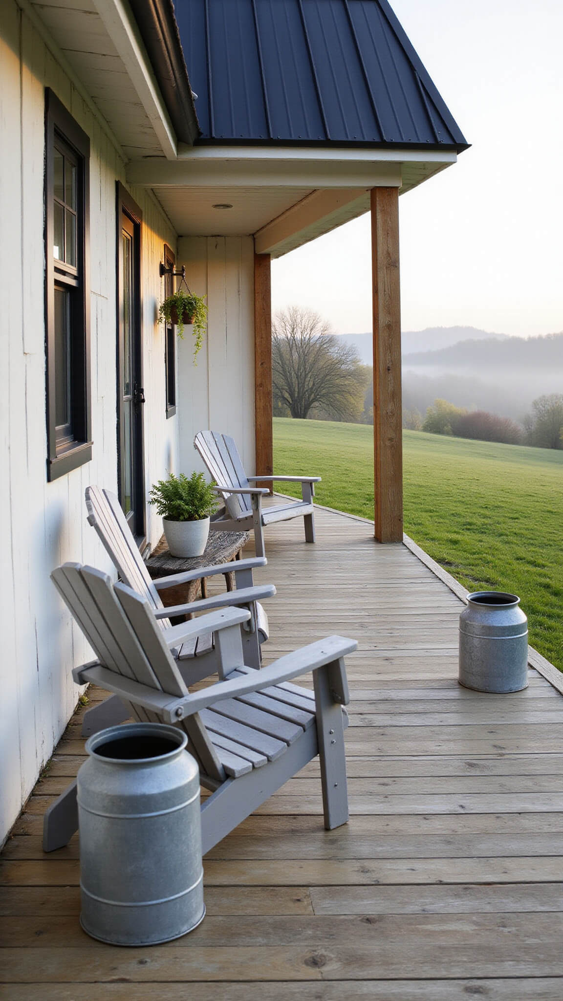 Low-angle view of a traditional barndominium wraparound porch at sunrise, featuring distressed wood decking, gray Adirondack chairs, vintage milk can tables, and hanging Boston ferns, with misty countryside in the background.