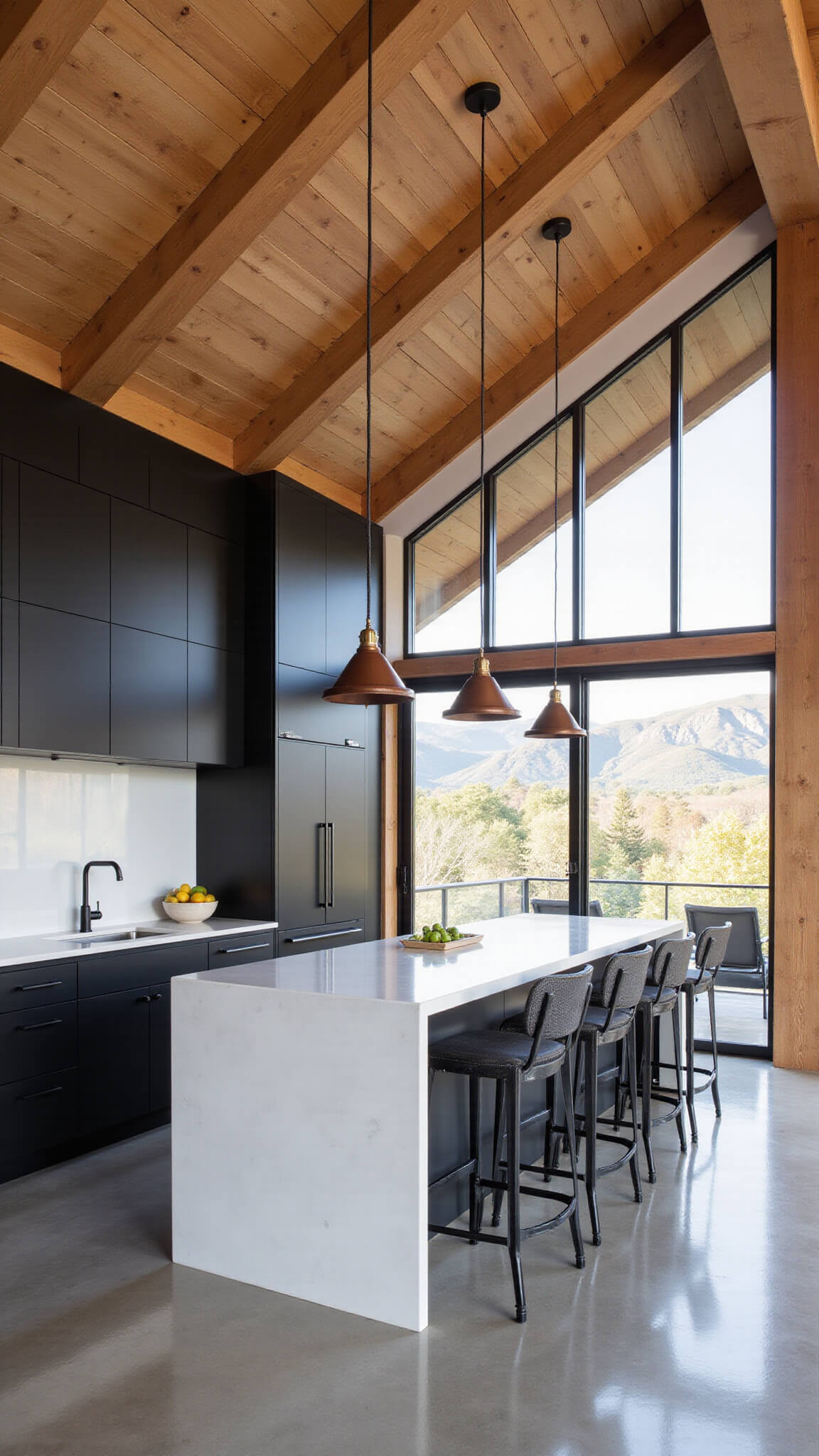 Contemporary barn-style kitchen with matte black cabinets, white quartz waterfall island, exposed wooden beams, polished concrete floors, copper pendant lights, and mountain views through floor-to-ceiling windows.
