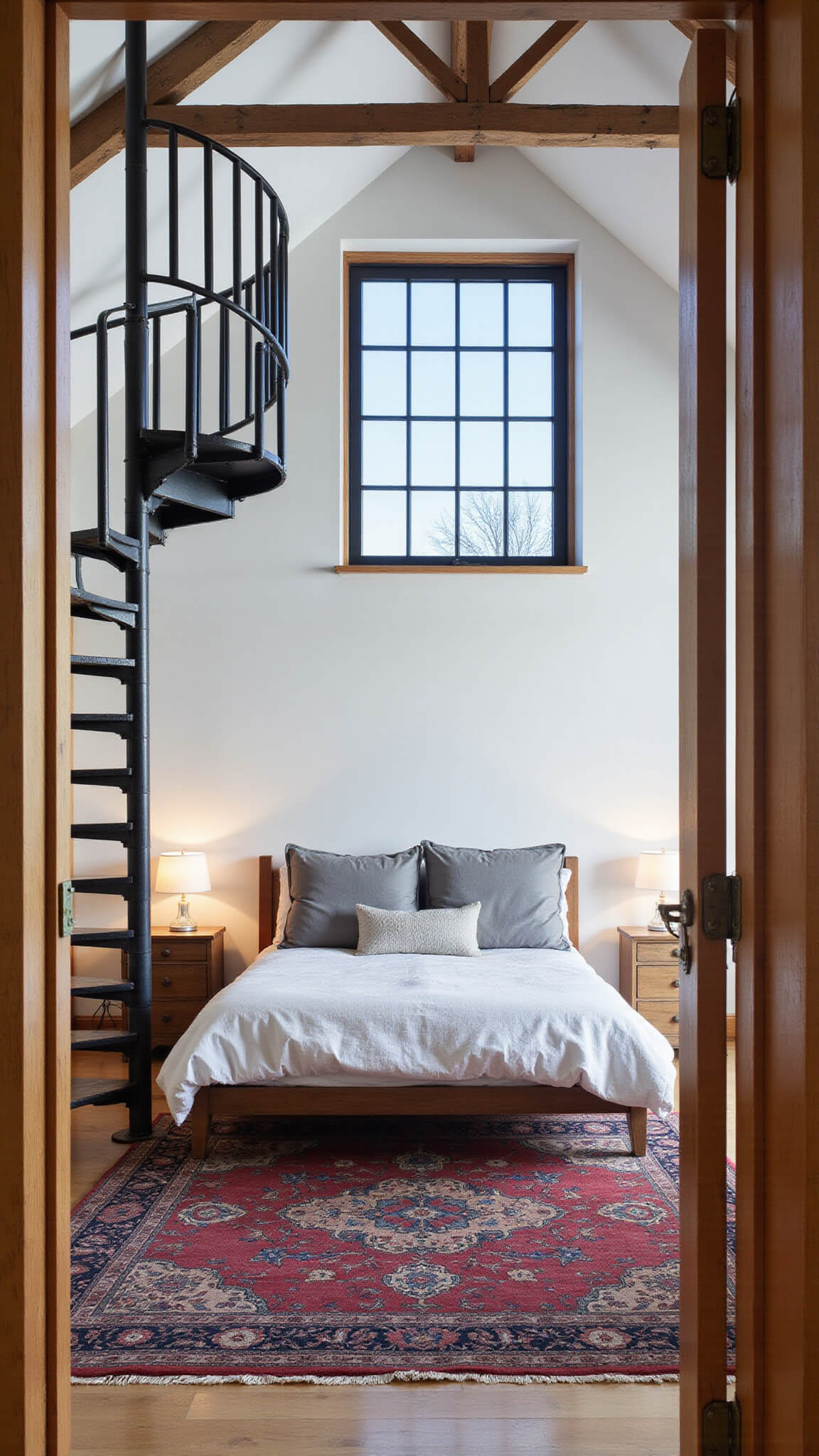 Double-height barn loft bedroom with timber beams, king bed, vintage rug, and industrial staircase at blue hour.